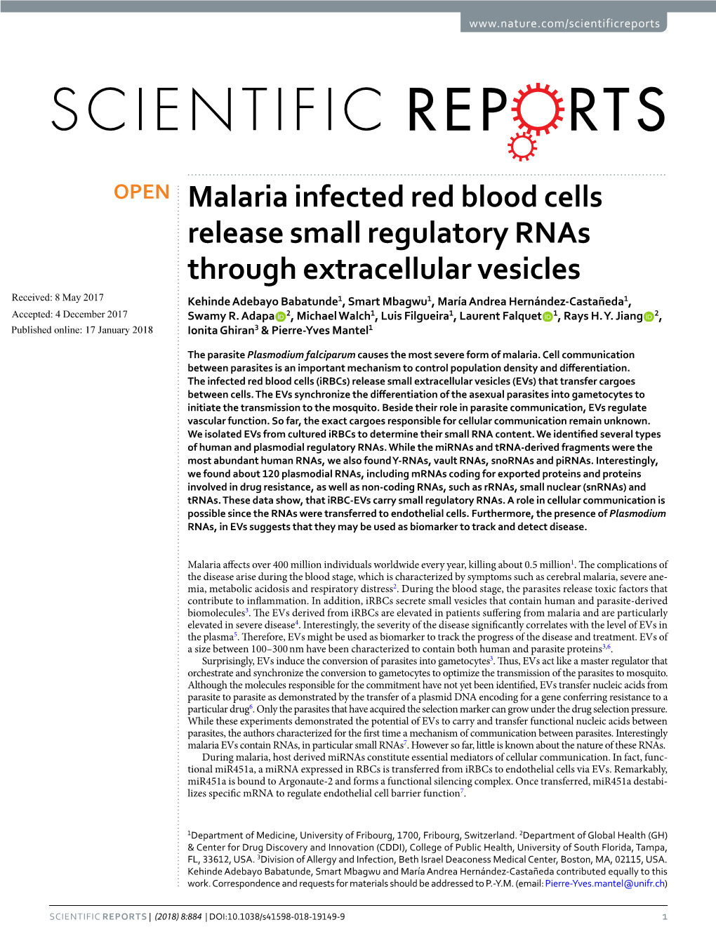 Malaria Infected Red Blood Cells Release Small Regulatory Rnas Through Extracellular Vesicles