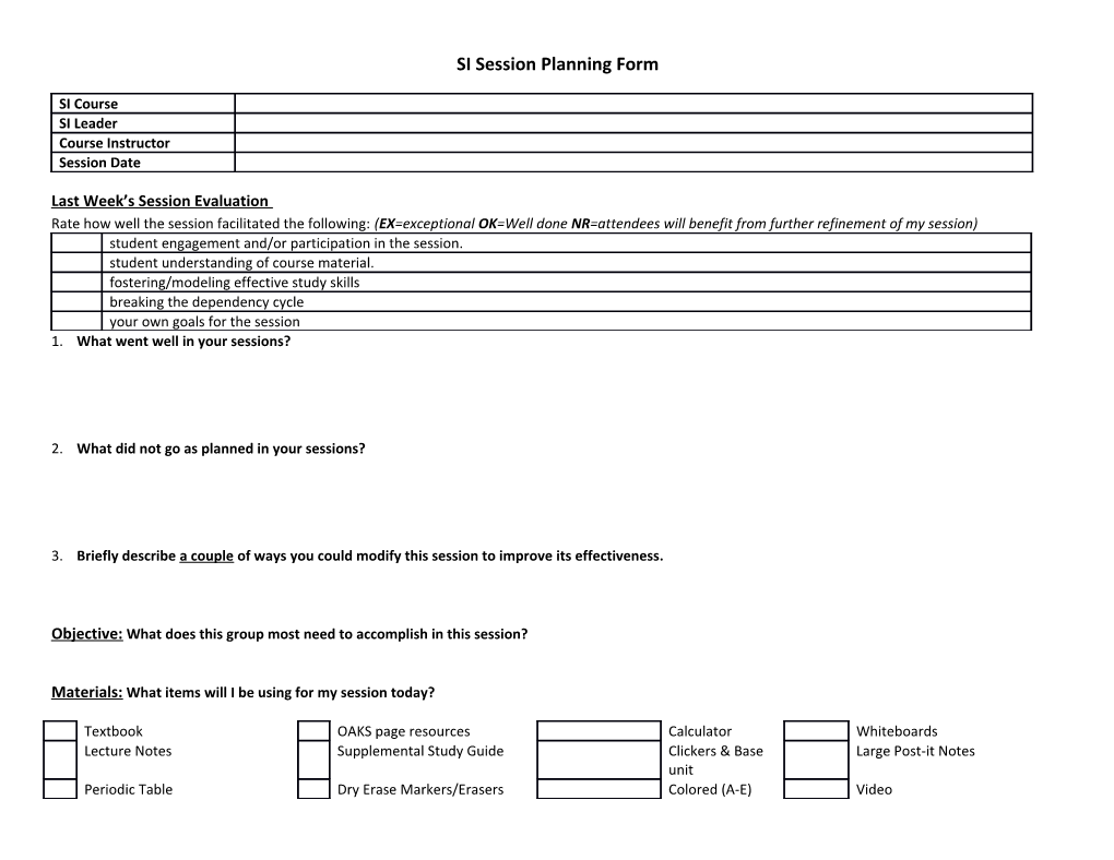 SI Session Facilitation Plan and Self-Evaluation