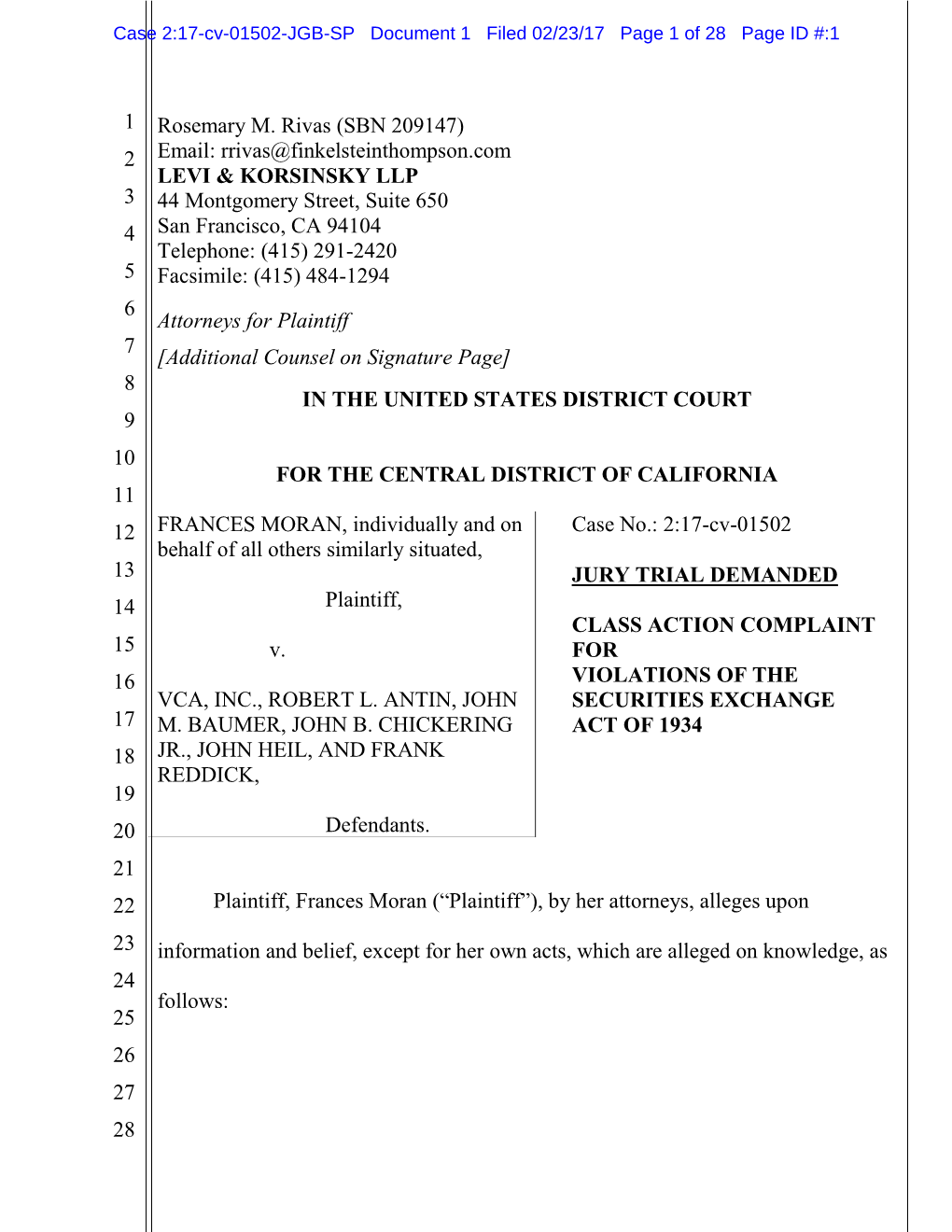 Frances Moran, Et Al. V. VCA Inc., Et Al. 17-CV-01502-Class Action