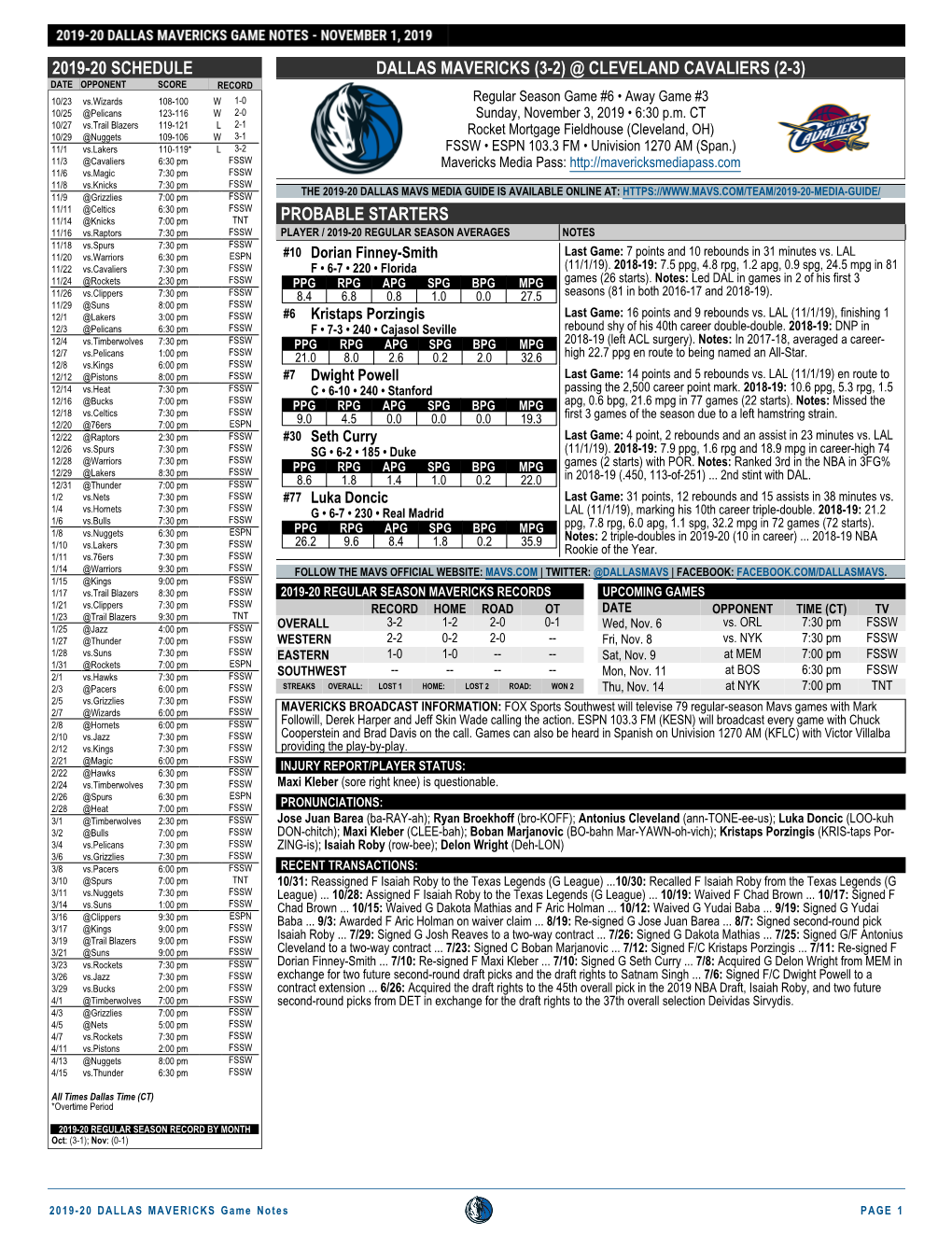 2019-20 Schedule Dallas Mavericks