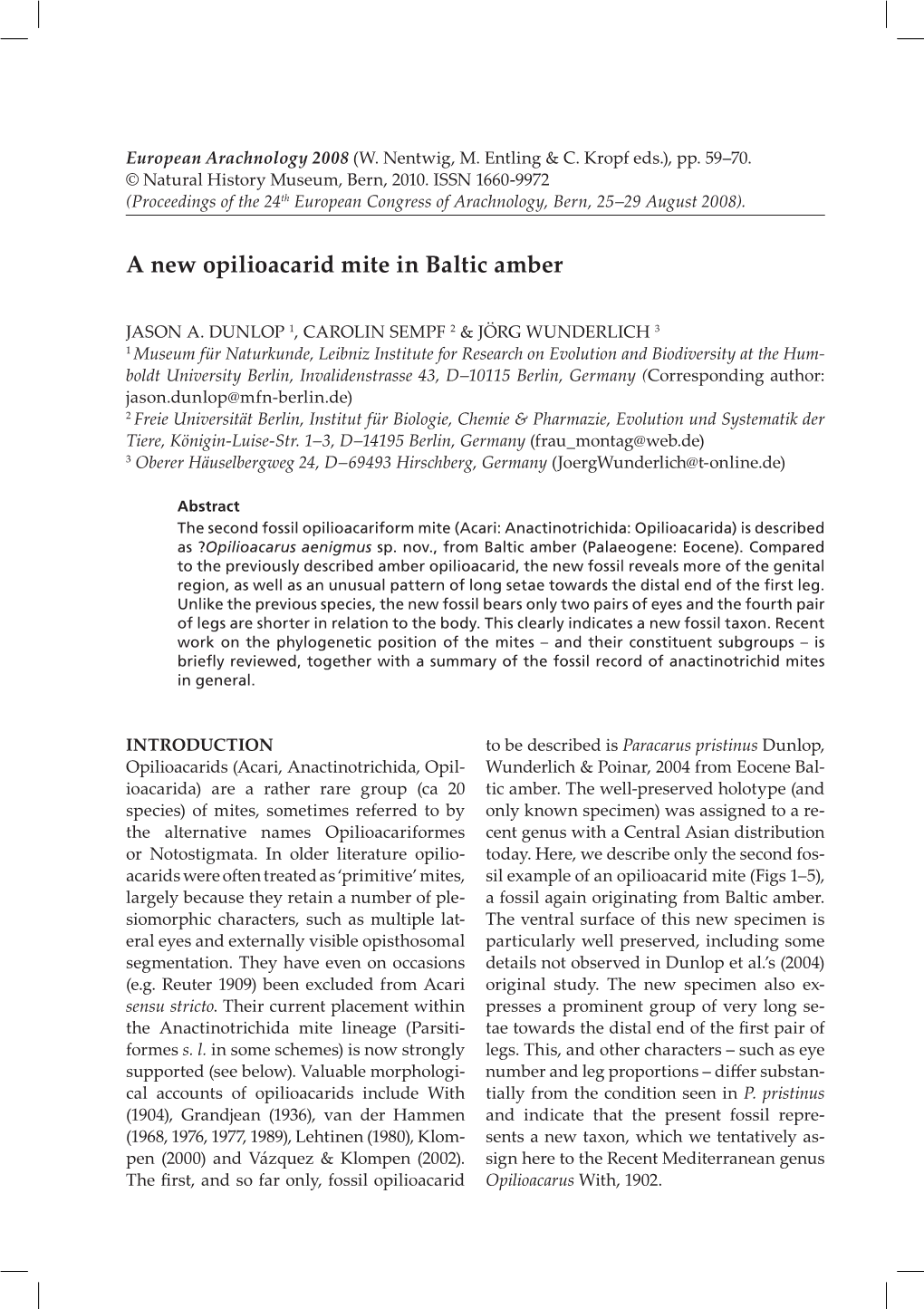 A New Opilioacarid Mite in Baltic Amber