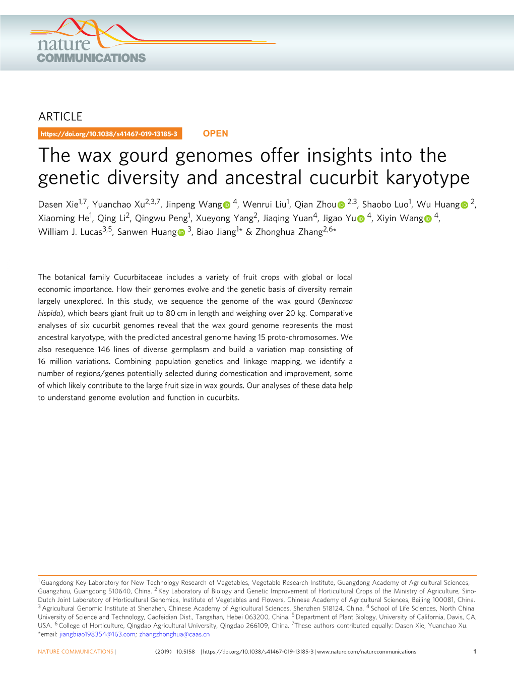 The Wax Gourd Genomes Offer Insights Into the Genetic Diversity and Ancestral Cucurbit Karyotype