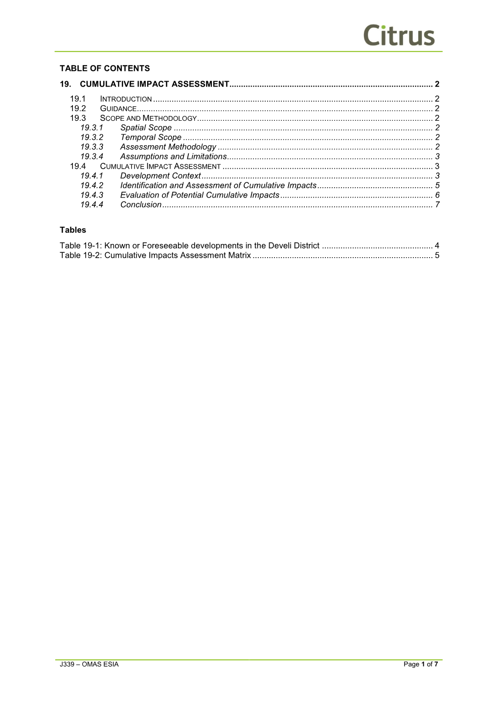 Table of Contents 19. Cumulative Impact Assessment