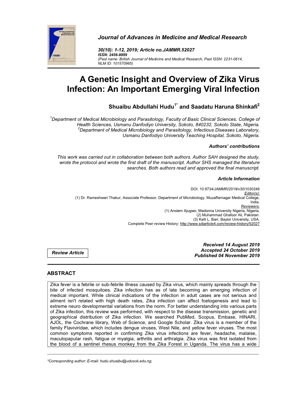 A Genetic Insight and Overview of Zika Virus Infection: an Important Emerging Viral Infection