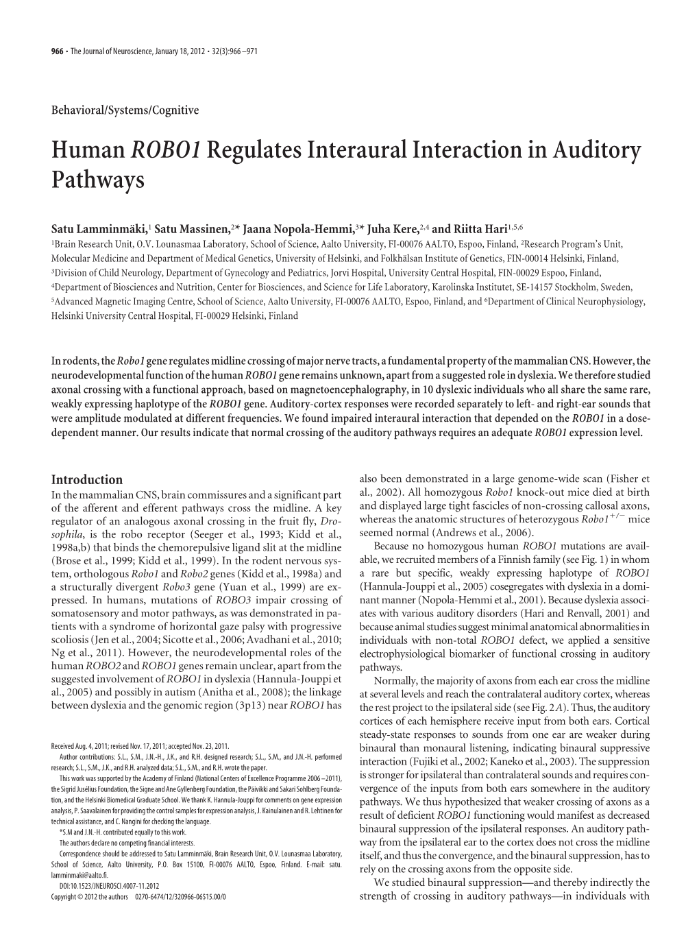 Humanrobo1regulates Interaural Interaction in Auditory Pathways