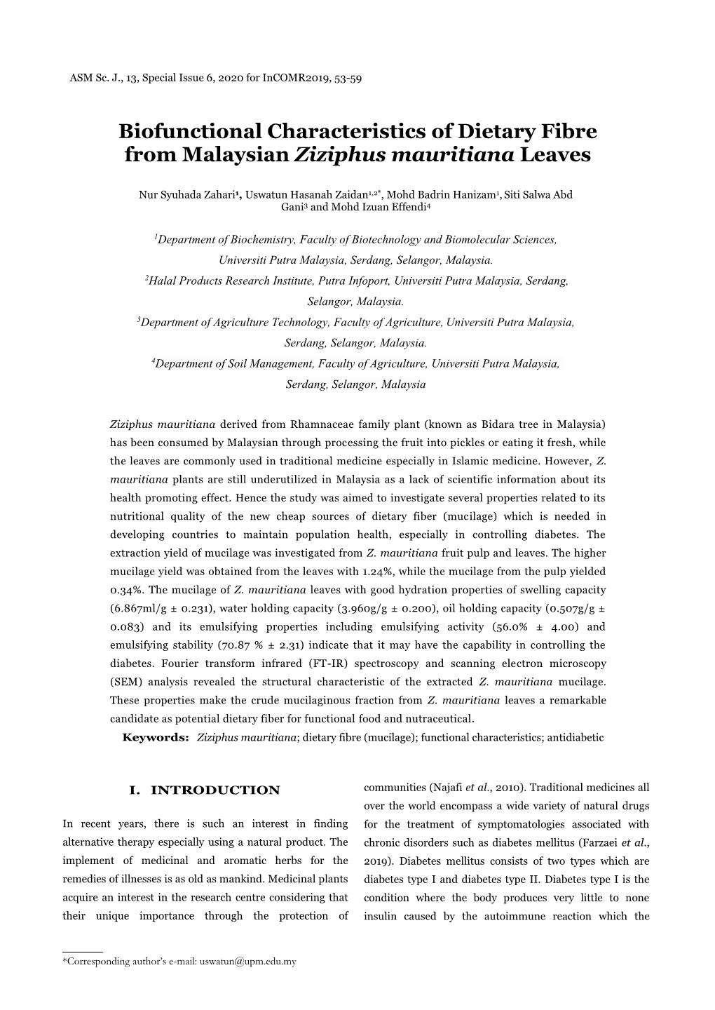 Biofunctional Characteristics of Dietary Fibre from Malaysian Ziziphus Mauritiana Leaves