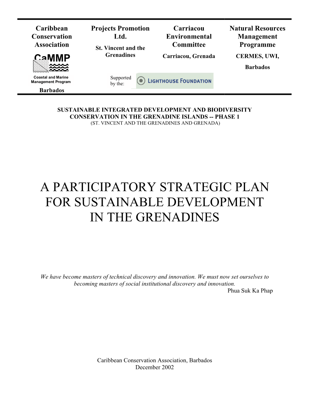 A Participatory Strategic Plan for Sustainable Development in the Grenadines