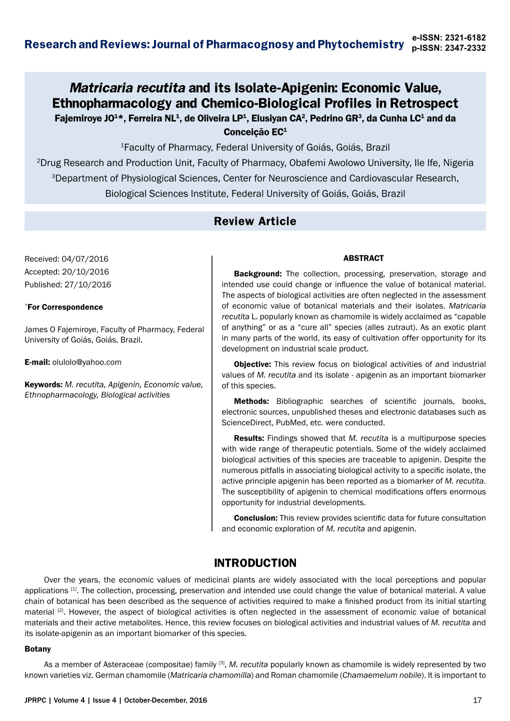 Matricaria Recutita and Its Isolate-Apigenin: Economic Value, Ethnopharmacology and Chemico-Biological Profiles in Retrospect