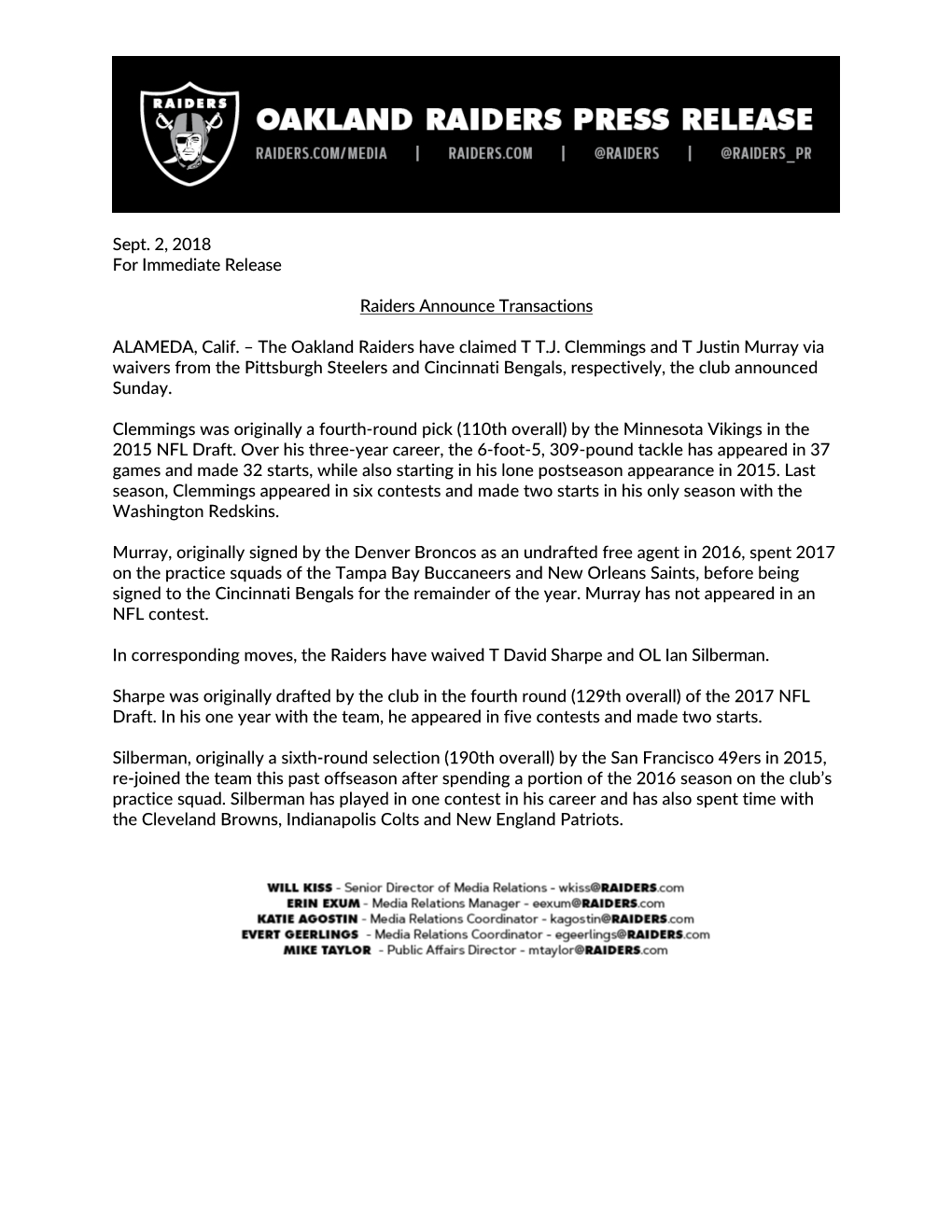 Sept. 2, 2018 for Immediate Release Raiders Announce