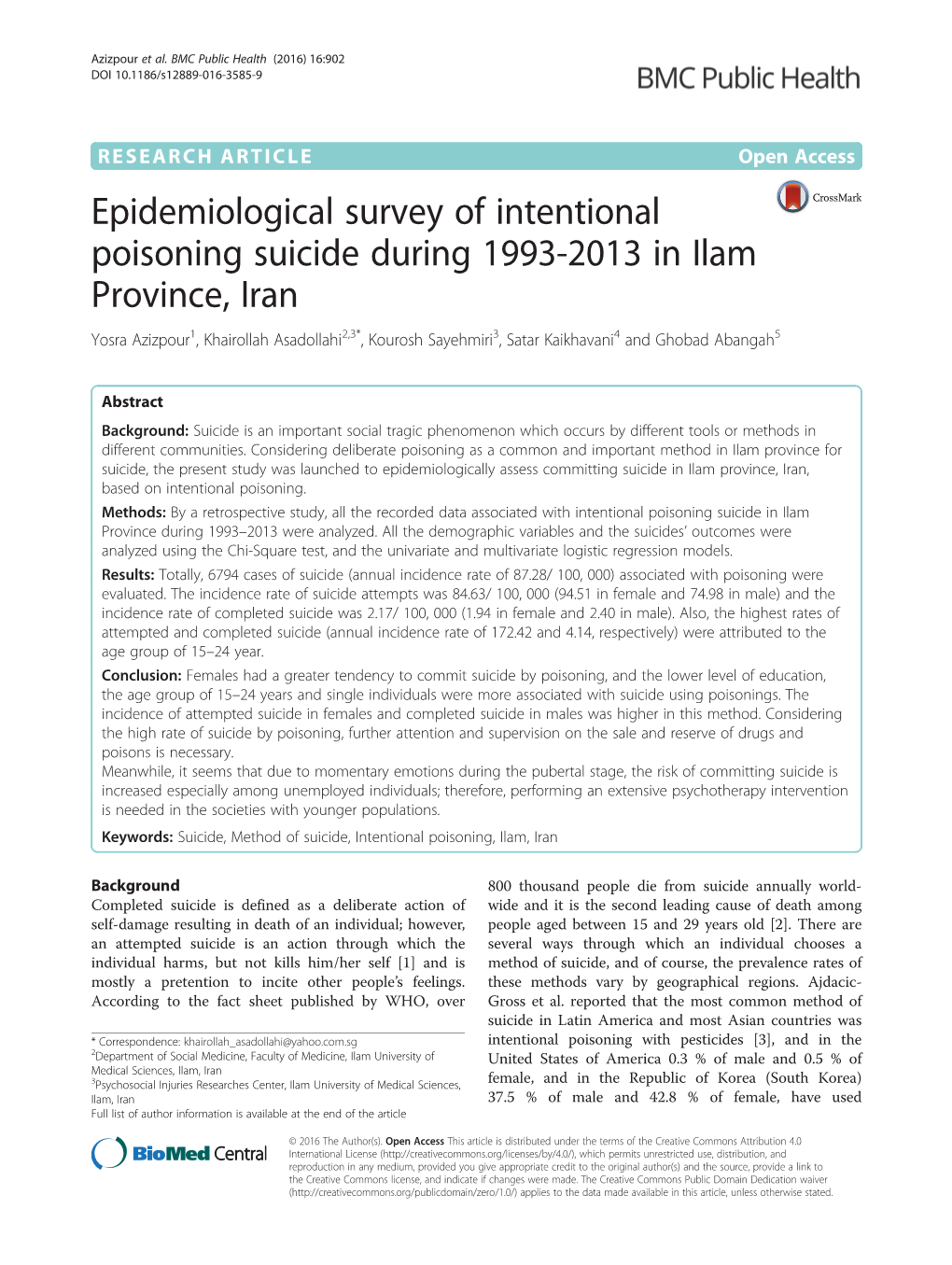 Epidemiological Survey of Intentional Poisoning Suicide During 1993-2013 in Ilam Province, Iran