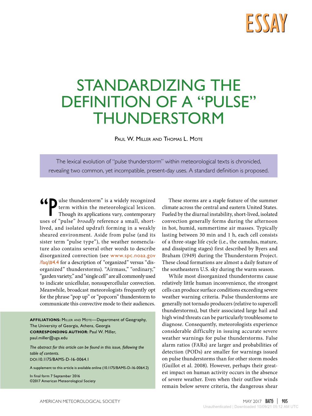 Standardizing the Definition of a “Pulse” Thunderstorm