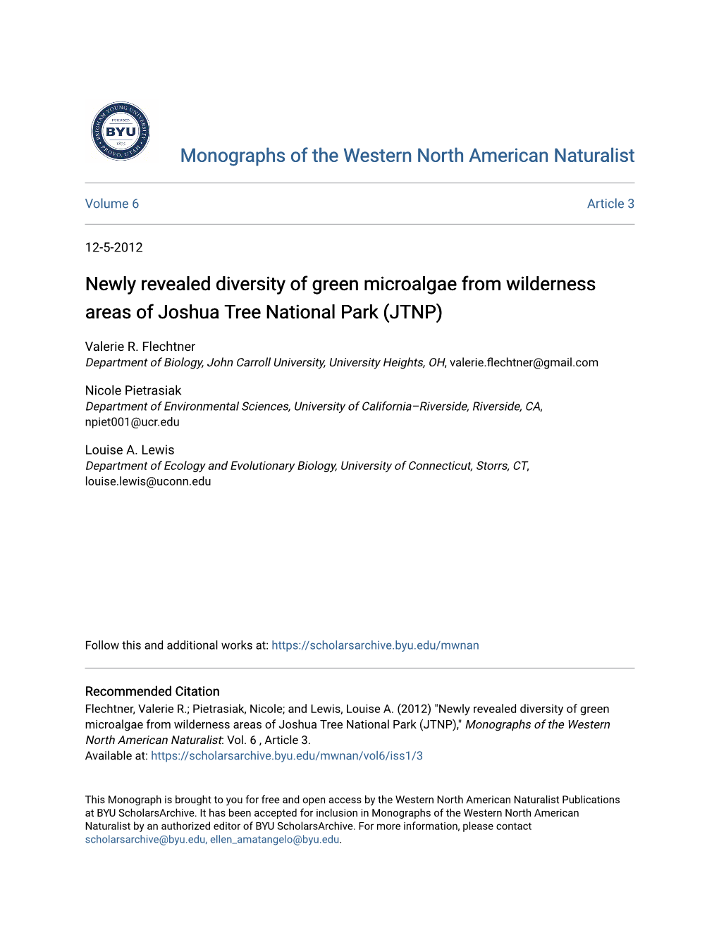 Newly Revealed Diversity of Green Microalgae from Wilderness Areas of Joshua Tree National Park (JTNP)