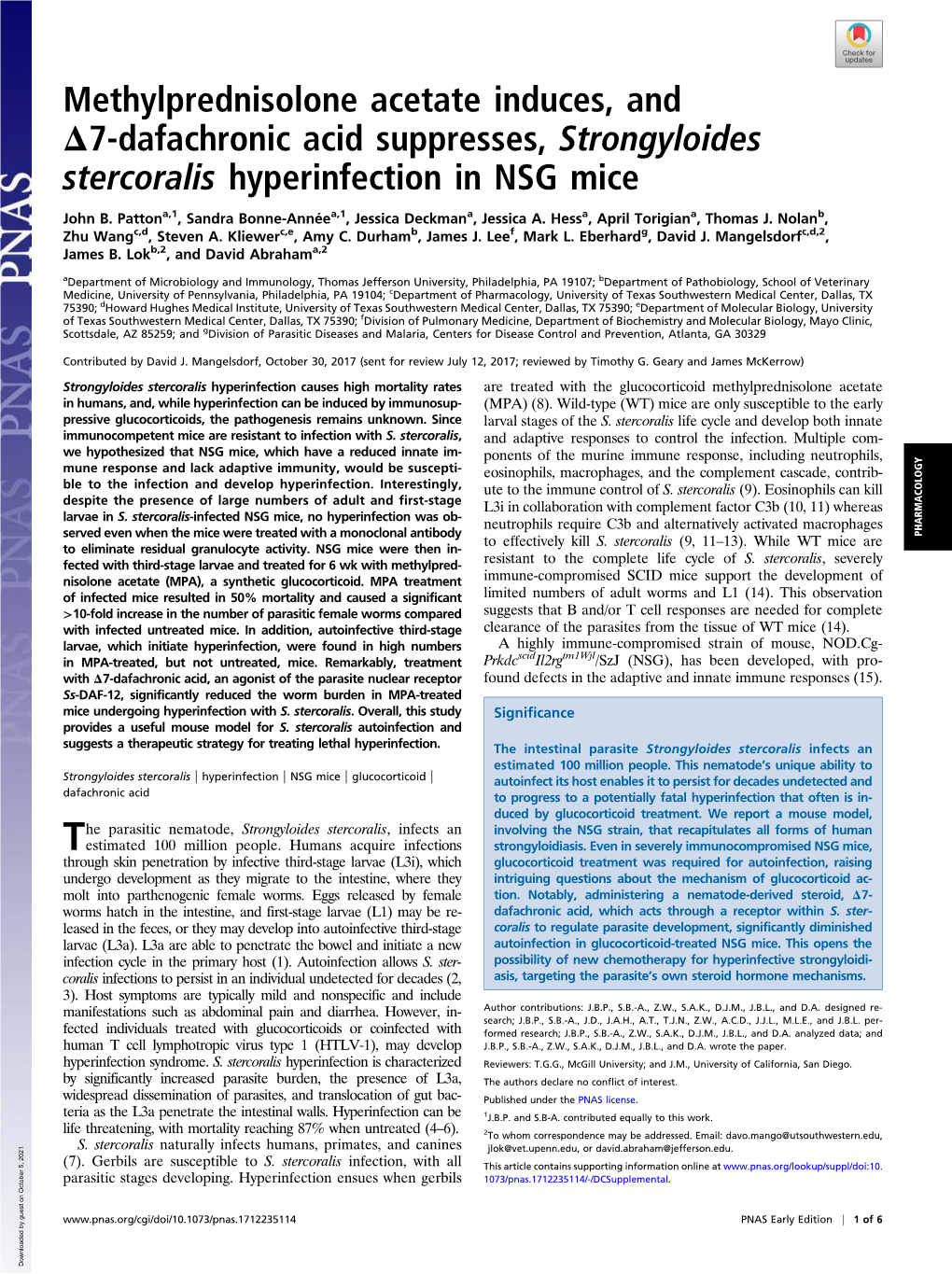 Methylprednisolone Acetate Induces, and Δ7-Dafachronic Acid Suppresses, Strongyloides Stercoralis Hyperinfection in NSG Mice