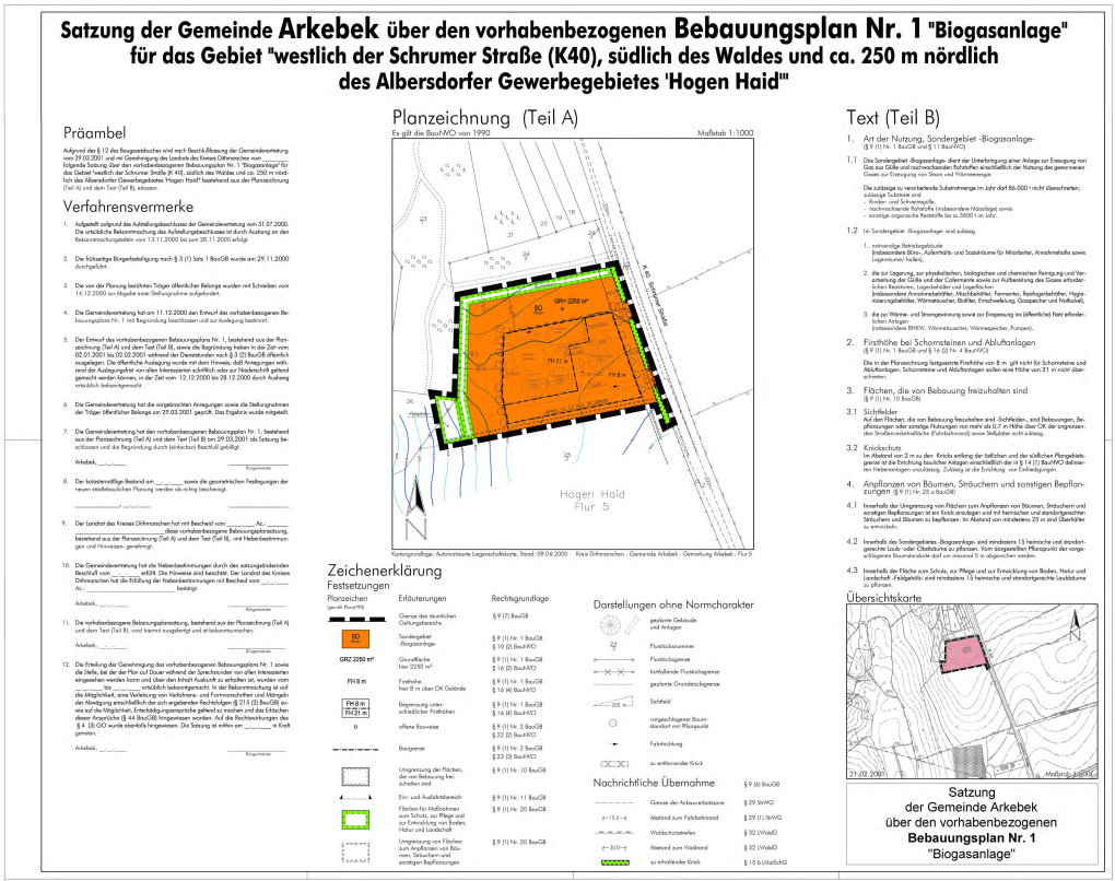 Satzung Der Gemeinde Arkebek Über Den Vorhabenbezogenen Bebauungsplan Nr. L .. Biogasanlage .. Für Das Gebiet .. Westlich