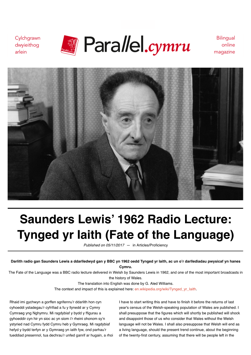 Saunders Lewis' 1962 Radio Lecture: Tynged Yr Iaith (Fate of The