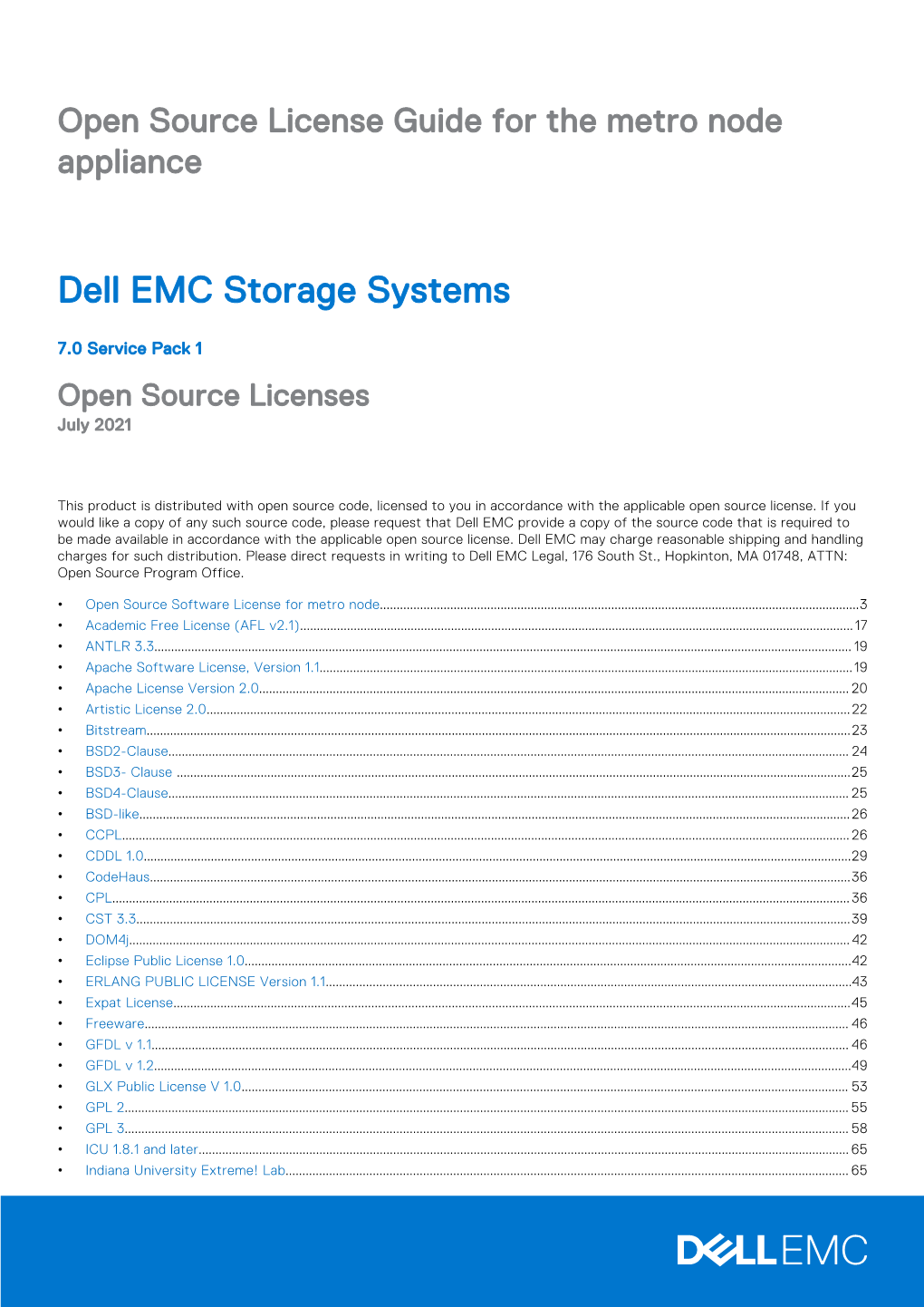 Dell EMC Storage Systems Open Source License Guide for the Metro