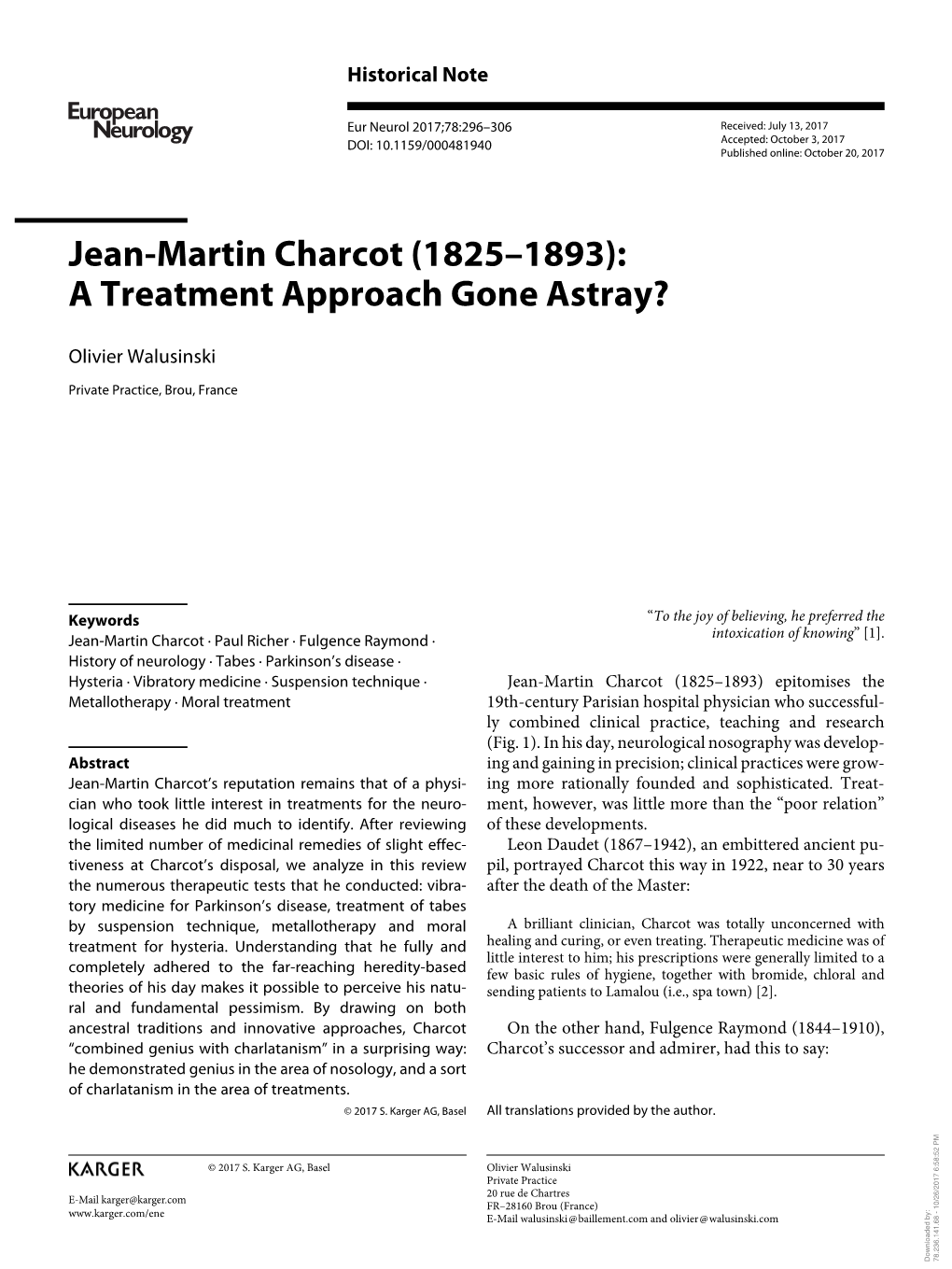 Jean-Martin Charcot (1825–1893): a Treatment Approach Gone Astray?