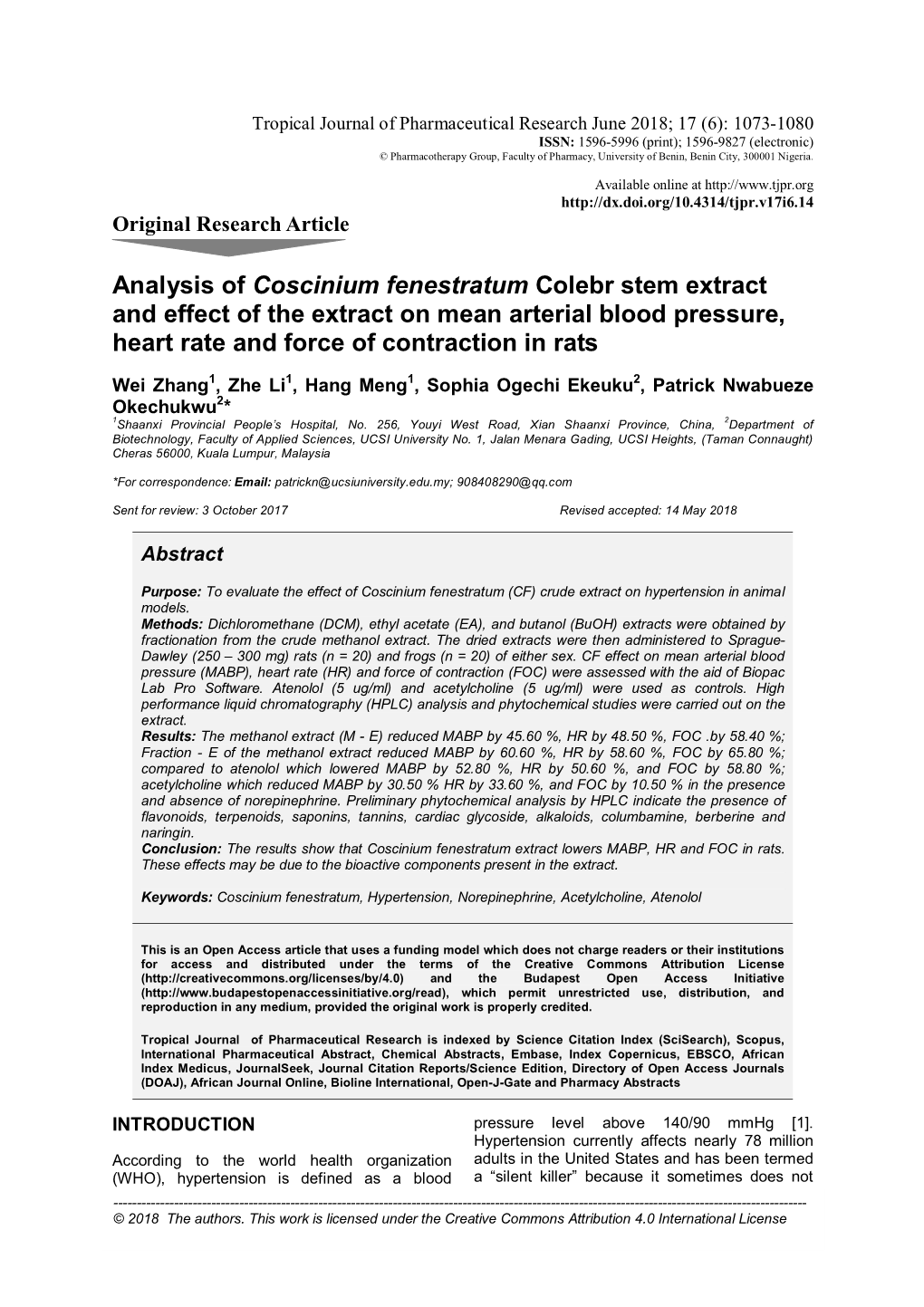 Analysis of Coscinium Fenestratum Colebr Stem Extract and Effect of the Extract on Mean Arterial Blood Pressure, Heart Rate and Force of Contraction in Rats