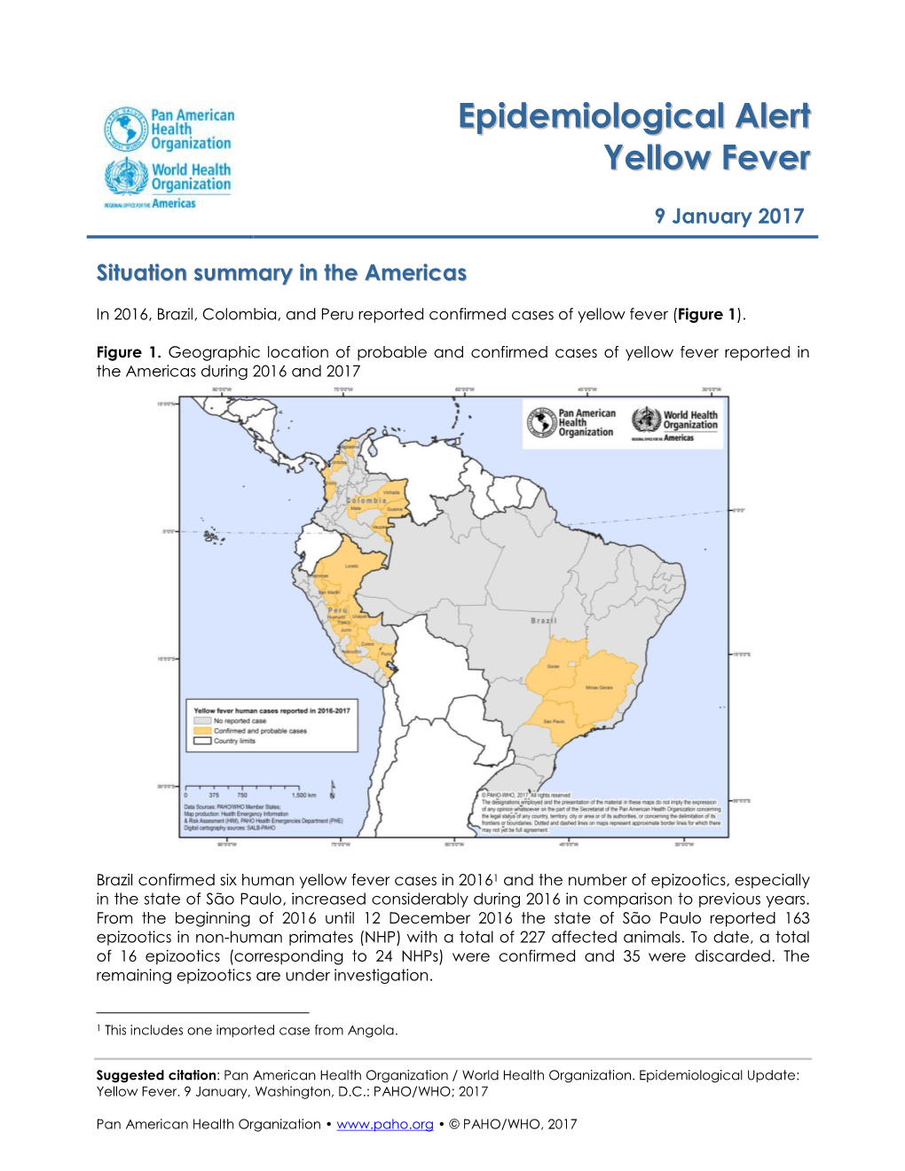 Yellow Fever Epidemiological Alert of 9 January 2017