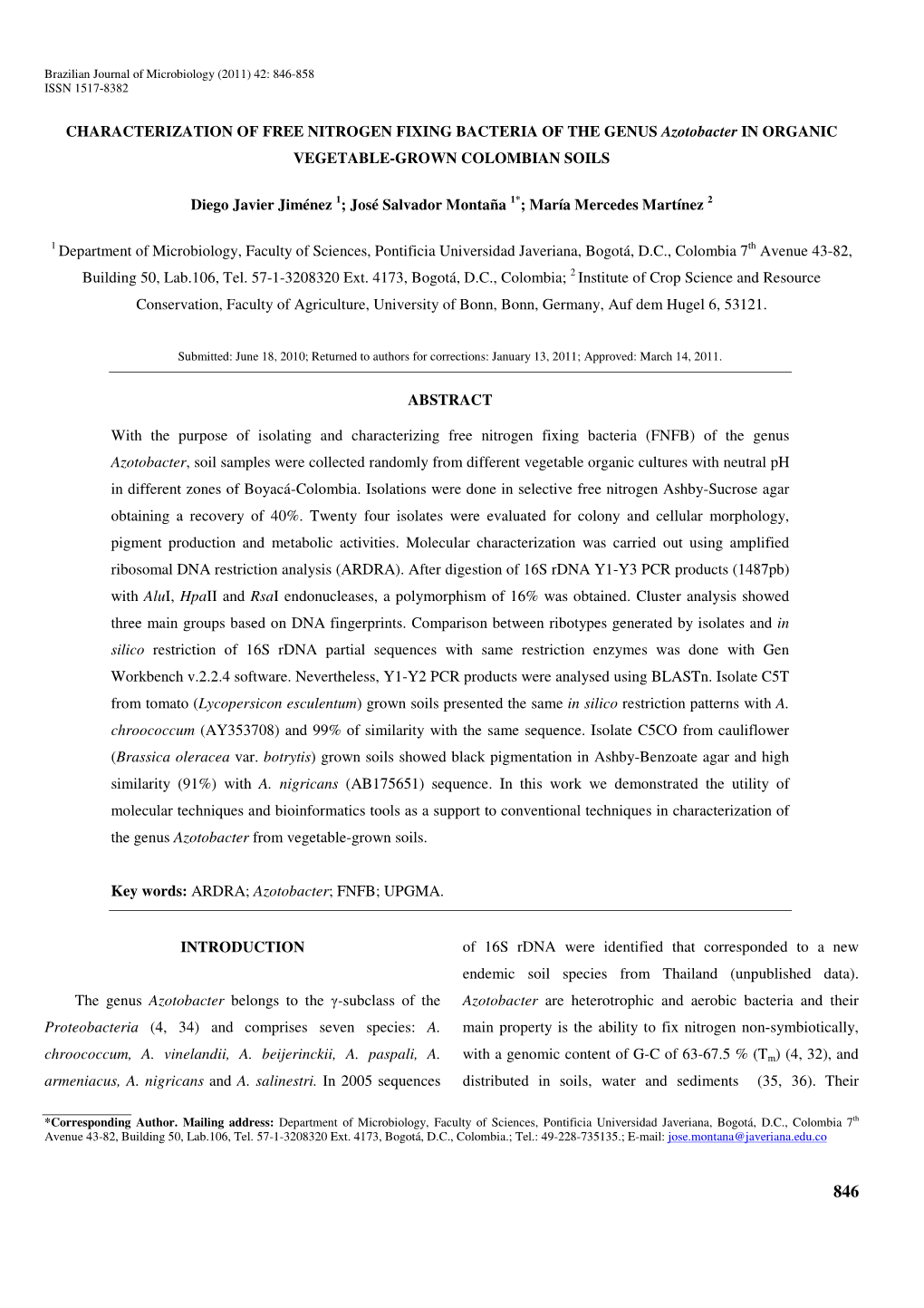 CHARACTERIZATION of FREE NITROGEN FIXING BACTERIA of the GENUS Azotobacter in ORGANIC VEGETABLE-GROWN COLOMBIAN SOILS