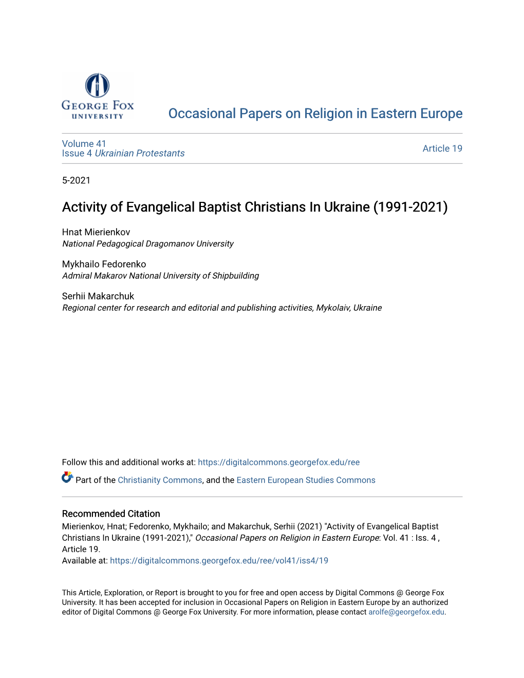 Activity of Evangelical Baptist Christians in Ukraine (1991-2021)