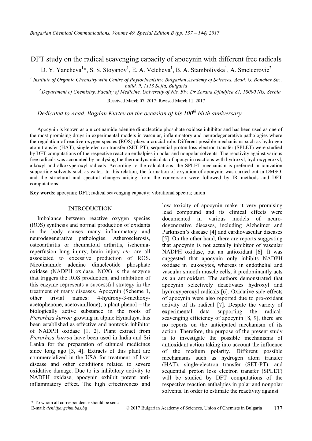 DFT Study on the Radical Scavenging Capacity of Apocynin with Different Free Radicals D