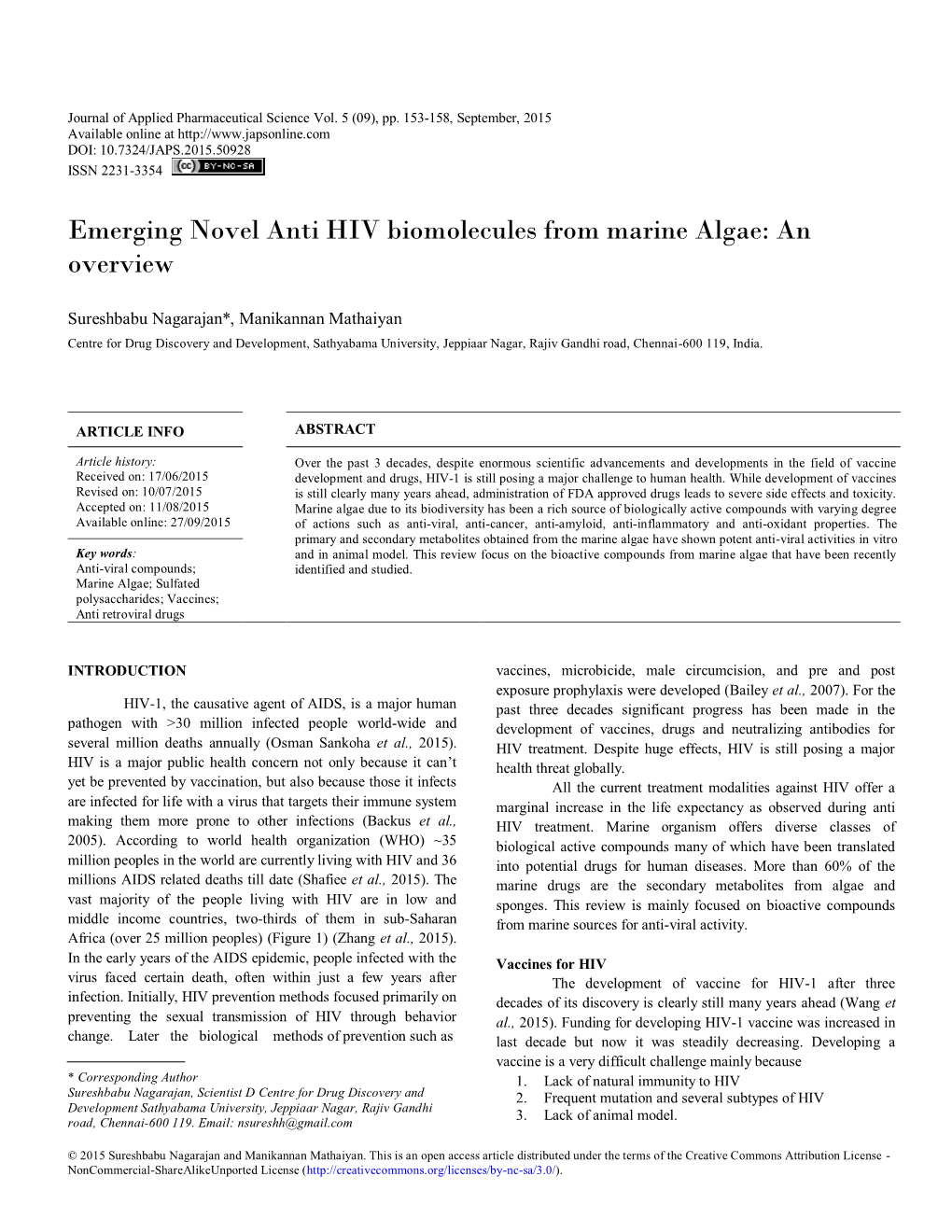 Emerging Novel Anti HIV Biomolecules from Marine Algae: an Overview