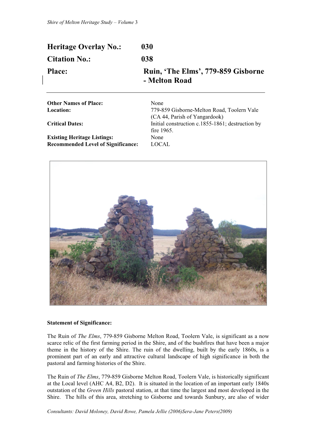 038 Place: Ruin, 'The Elms', 779-859 Gisborne