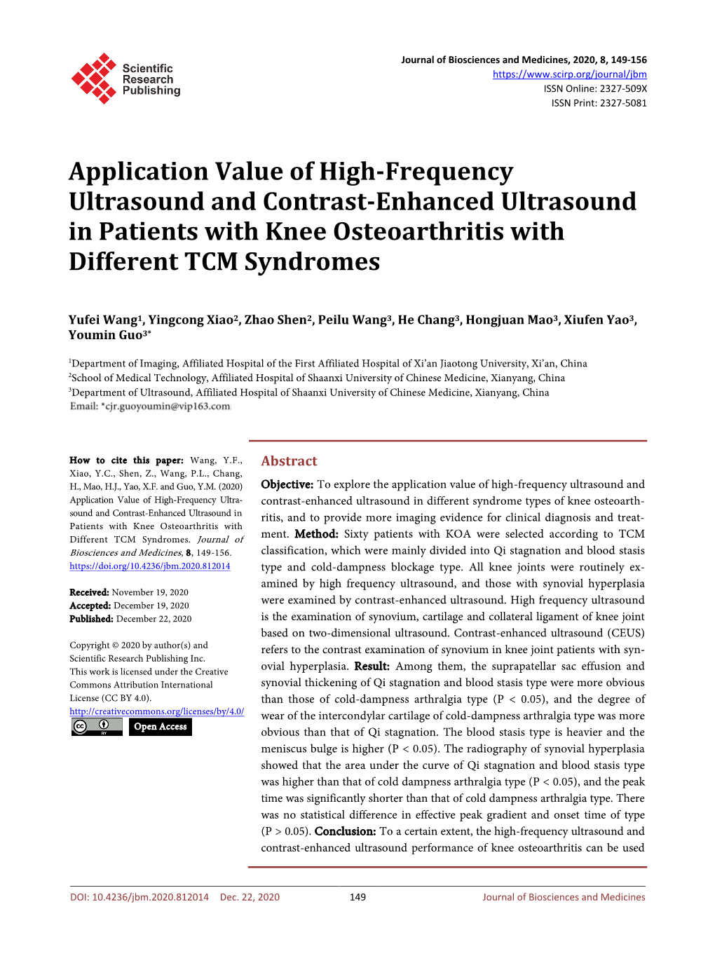 Application Value of High-Frequency Ultrasound and Contrast-Enhanced Ultrasound in Patients with Knee Osteoarthritis with Different TCM Syndromes