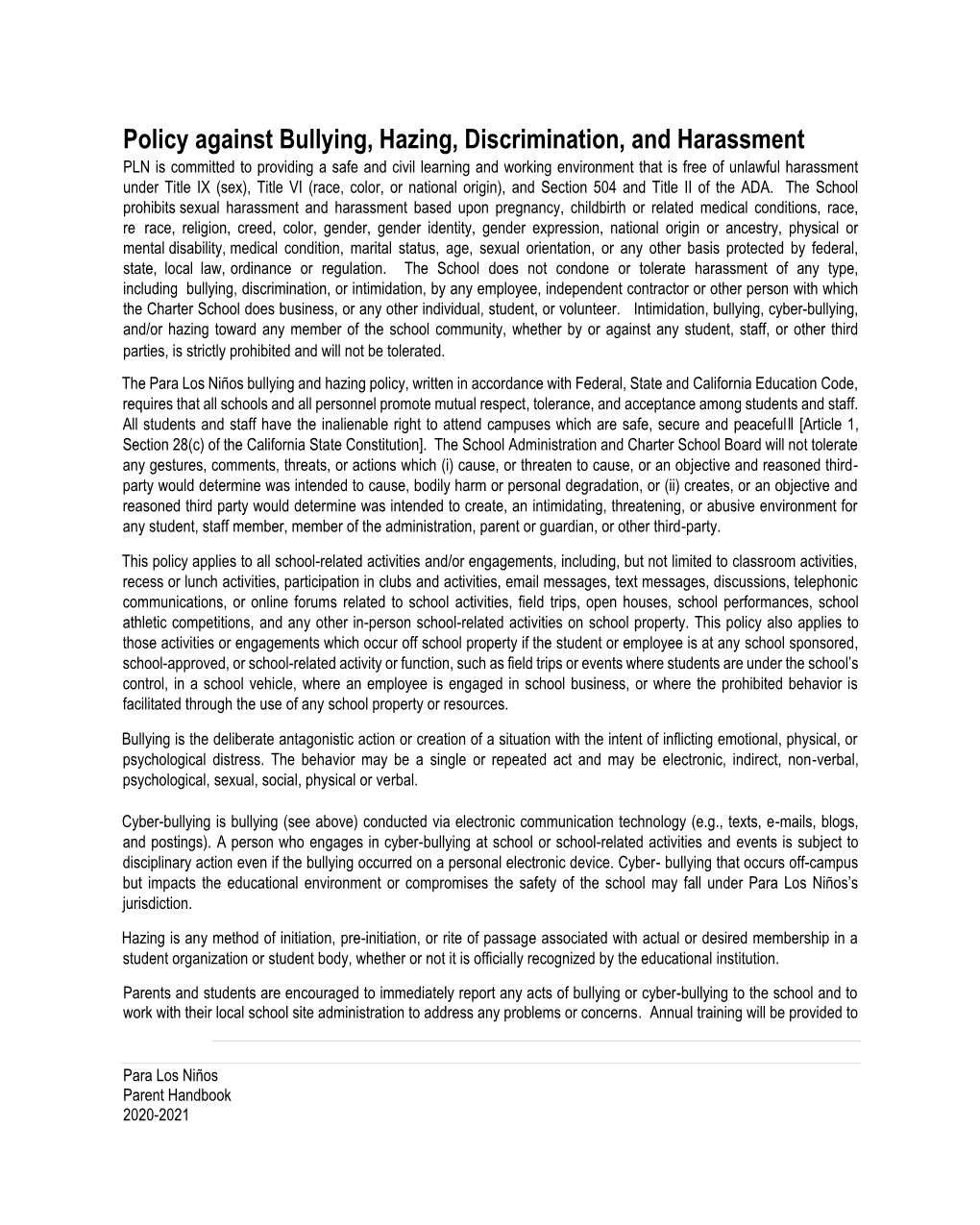 Policy Against Bullying, Hazing, Discrimination, and Harassment