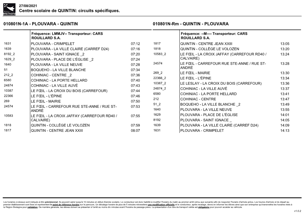 Centre Scolaire De QUINTIN: Circuits Spécifiques. 010801N-1A