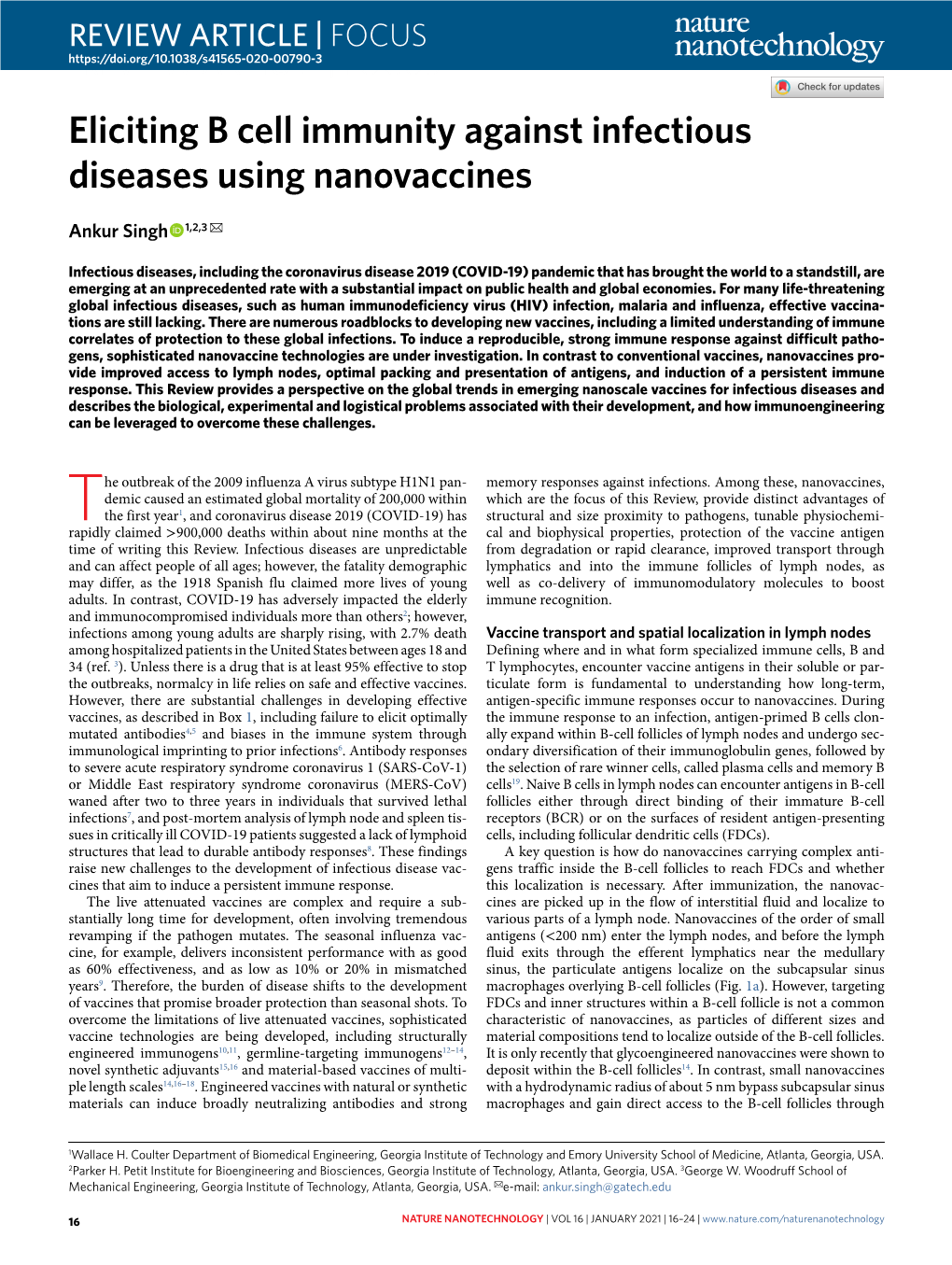 Eliciting B Cell Immunity Against Infectious Diseases Using Nanovaccines