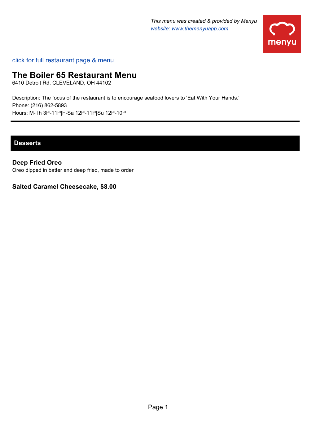 The Boiler 65 Restaurant Menu 6410 Detroit Rd, CLEVELAND, OH 44102