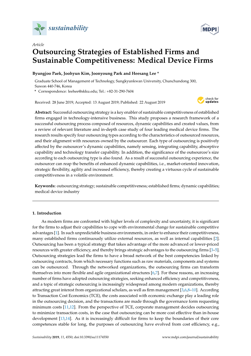 Outsourcing Strategies of Established Firms and Sustainable Competitiveness: Medical Device Firms