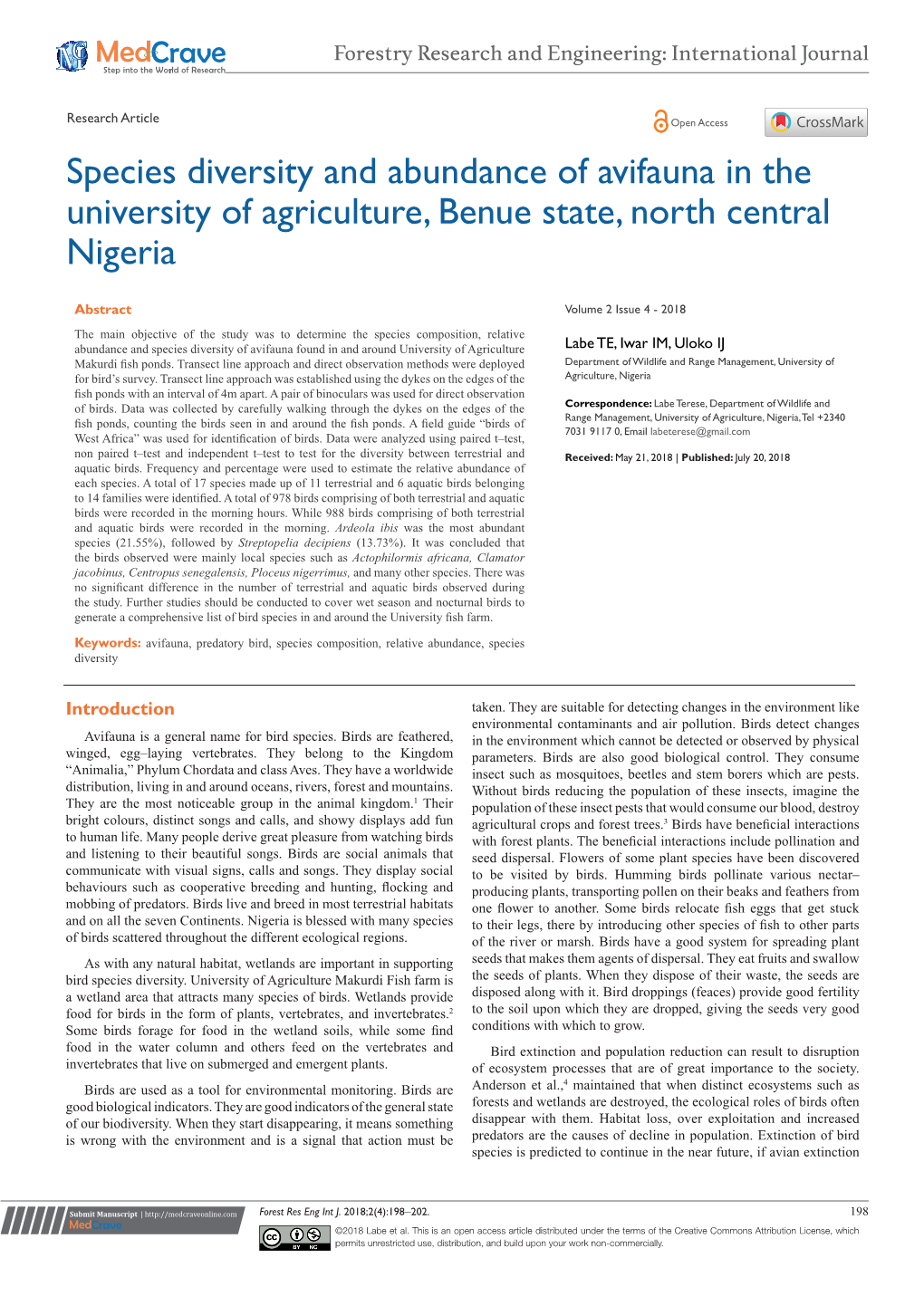Species Diversity and Abundance of Avifauna in the University of Agriculture, Benue State, North Central Nigeria