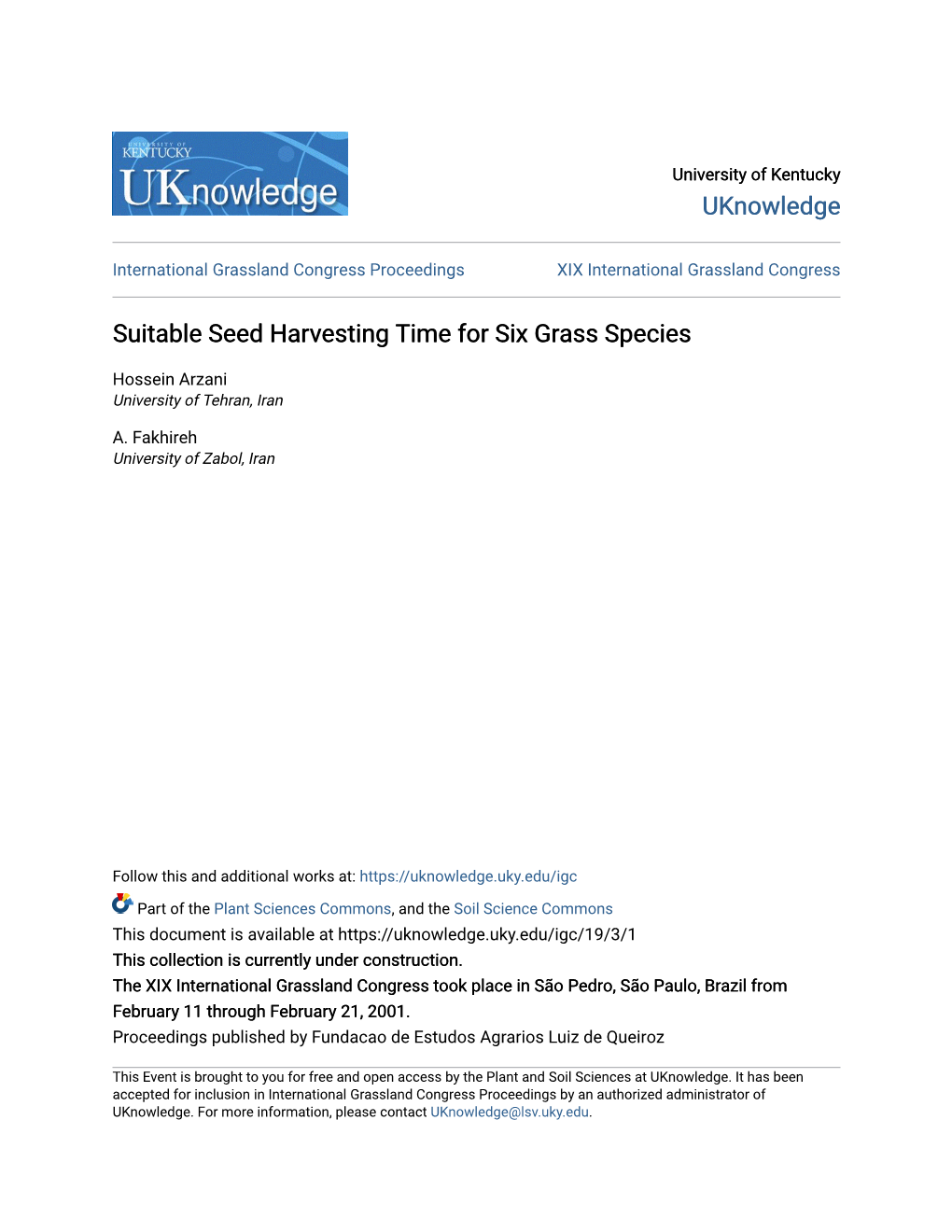 Suitable Seed Harvesting Time for Six Grass Species