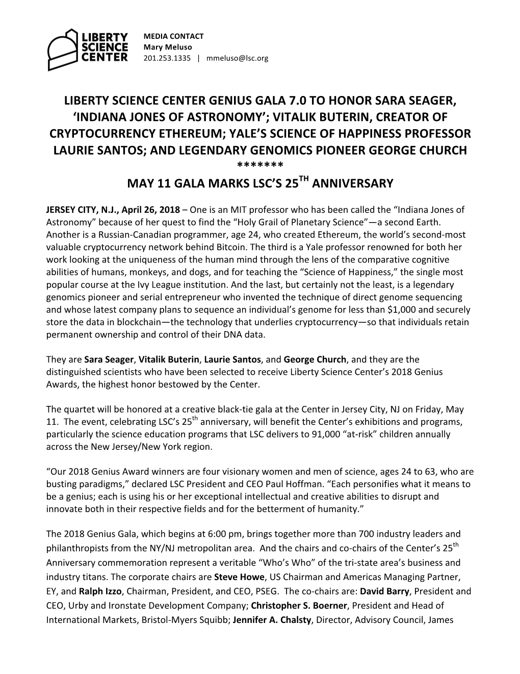 Liberty Science Center Genius Gala 7.0 to Honor Sara Seager