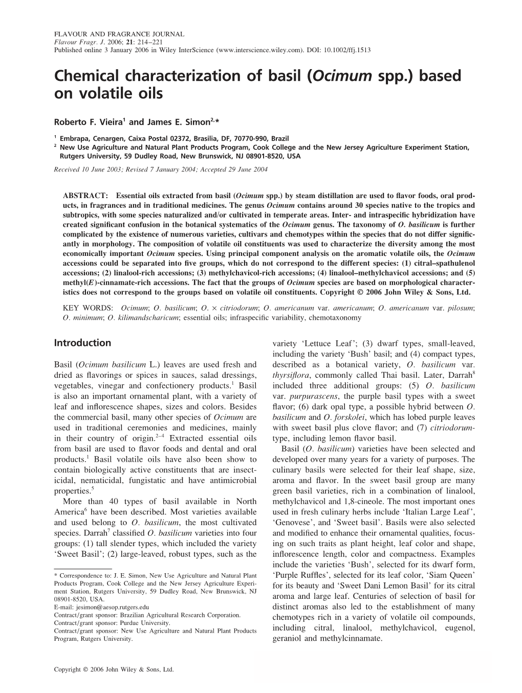 Chemical Characterization of Basil (Ocimum Spp.) Based on Volatile Oils