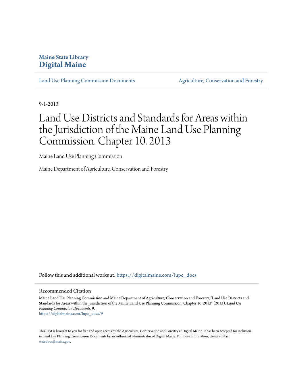 Land Use Districts and Standards for Areas Within the Jurisdiction of the Maine Land Use Planning Commission