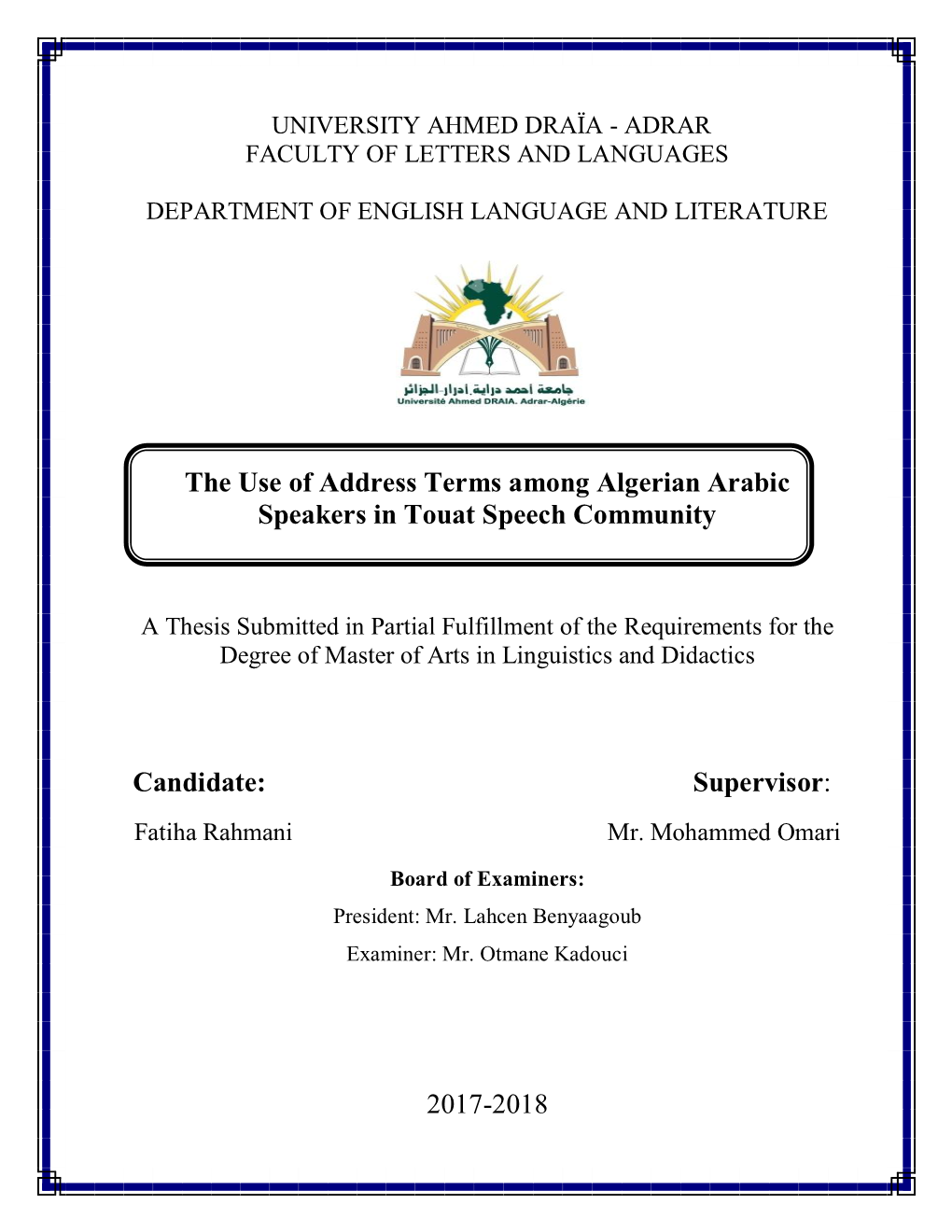 The Use of Address Terms Among Algerian Arabic Speakers in Touat Speech Community