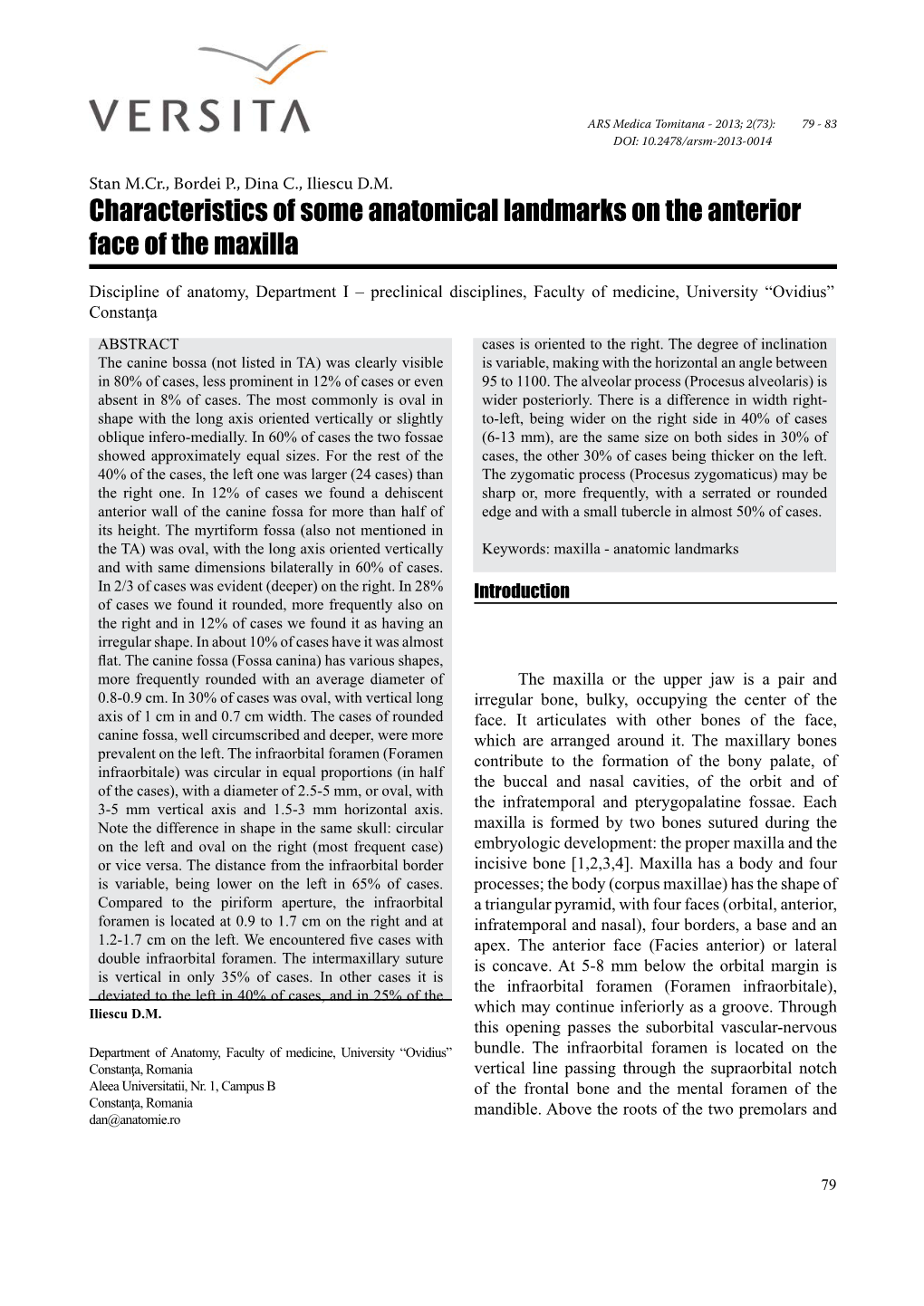 Characteristics of Some Anatomical Landmarks on the Anterior Face of the Maxilla