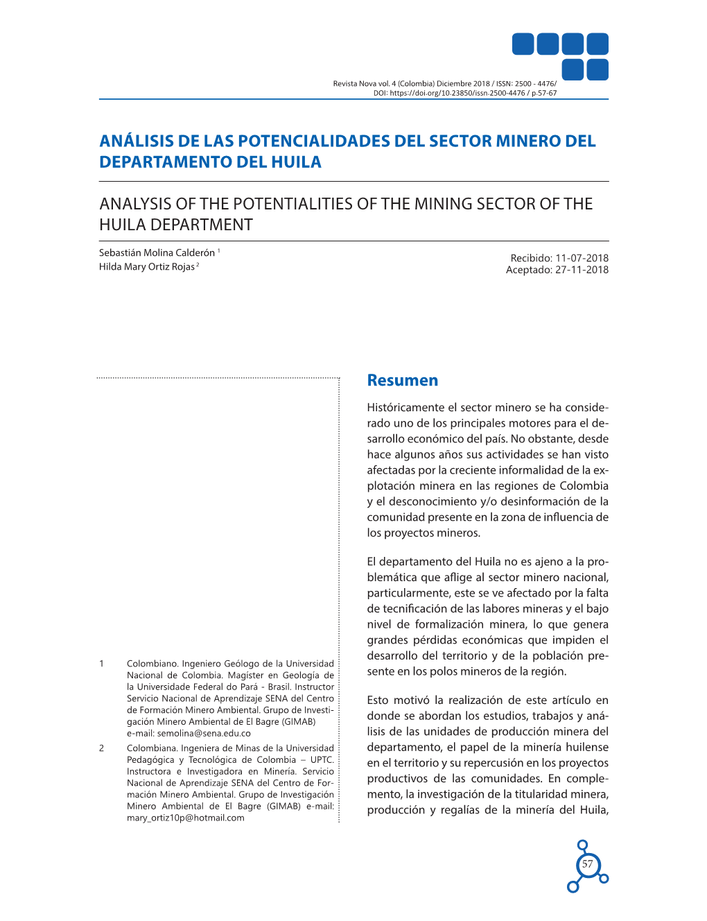 Análisis De Las Potencialidades Del Sector Minero Del Departamento Del Huila