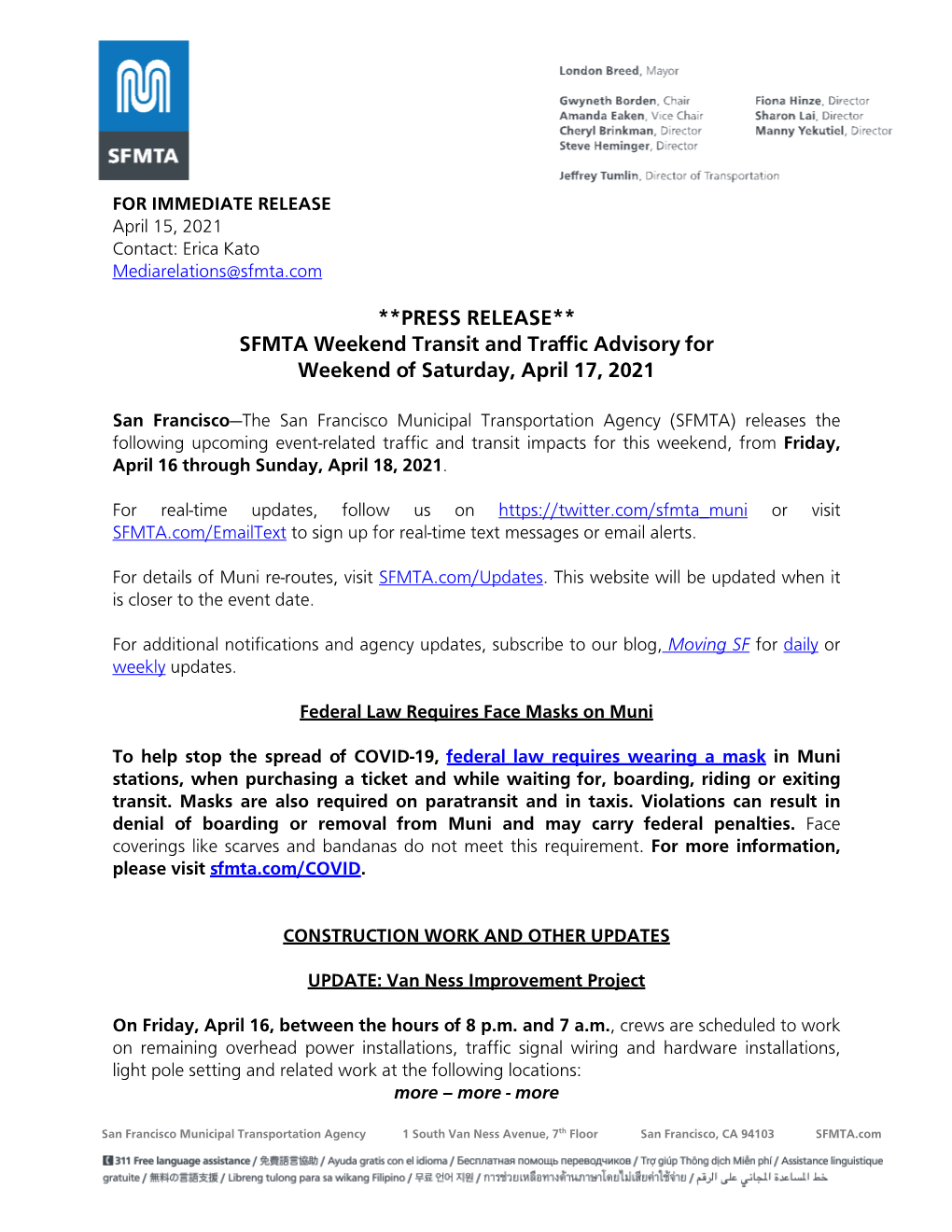 SFMTA Weekend Transit and Traffic Advisory for Saturday, April 17, 2021