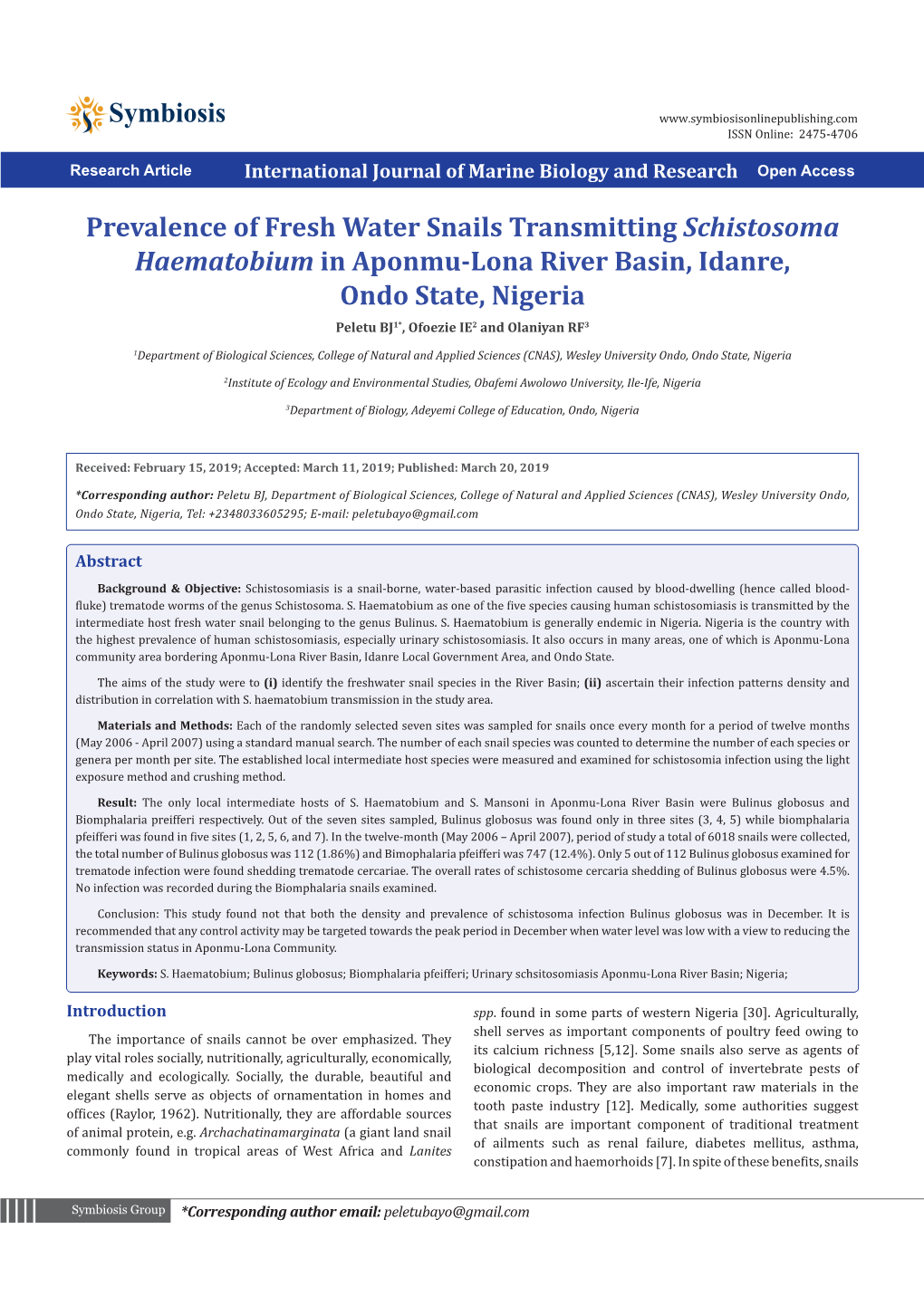 Prevalence of Fresh Water Snails Transmitting Schistosoma