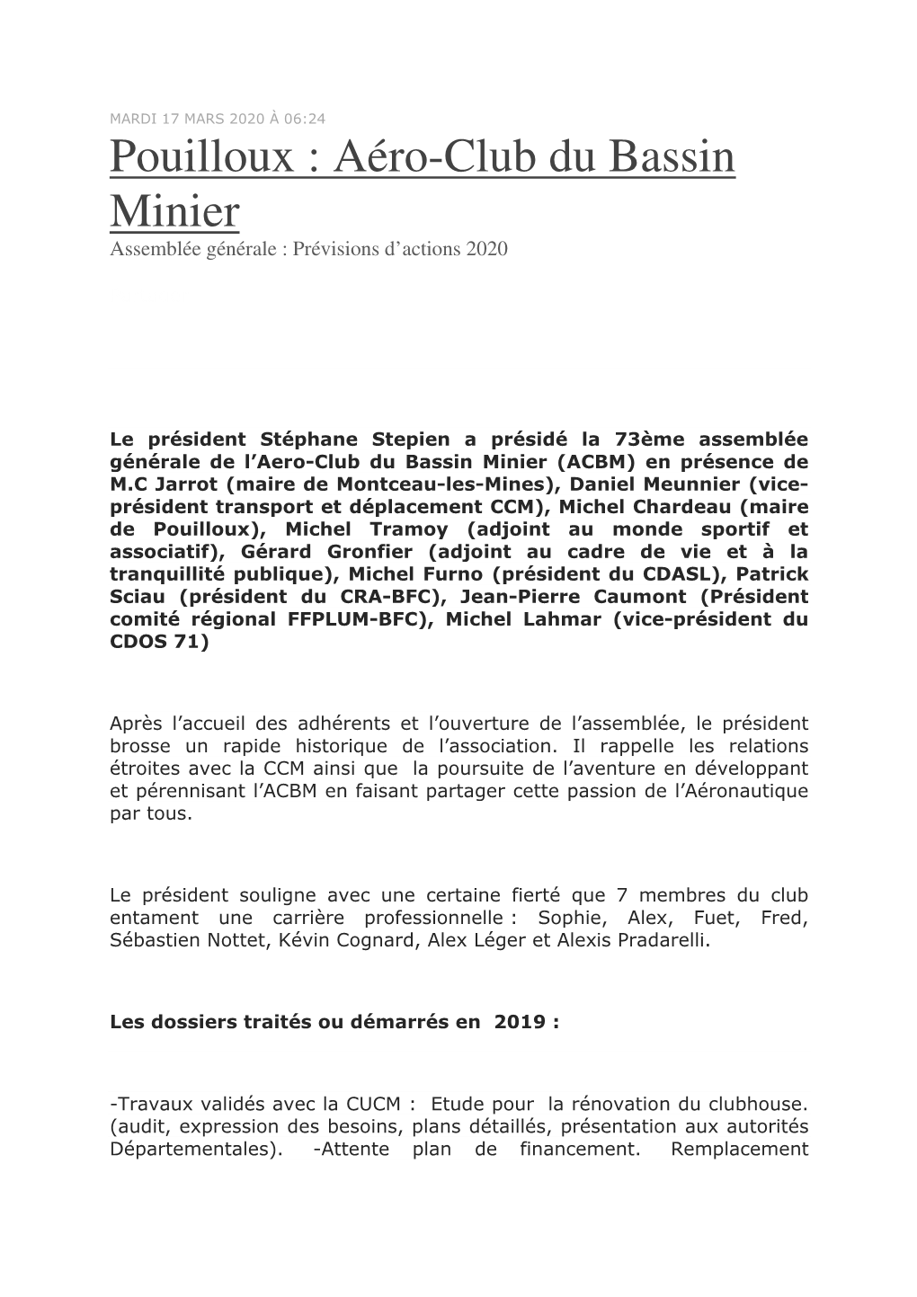 Pouilloux : Aéro-Club Du Bassin Minier Assemblée Générale : Prévisions D’Actions 2020