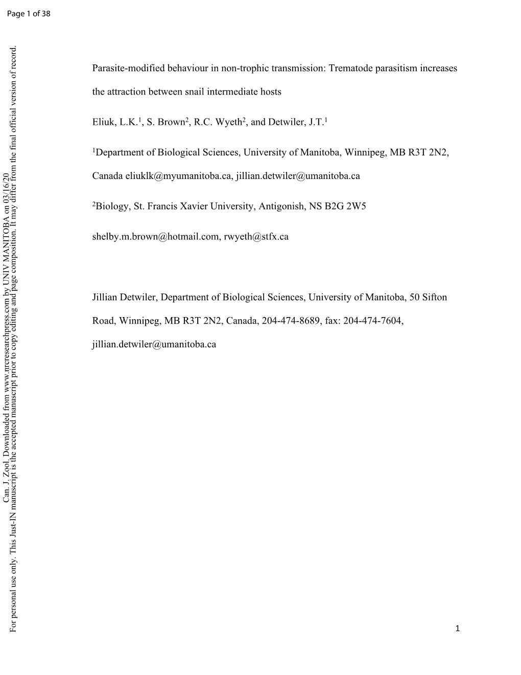 Trematode Parasitism Increases the Attraction Between Snail Intermediate