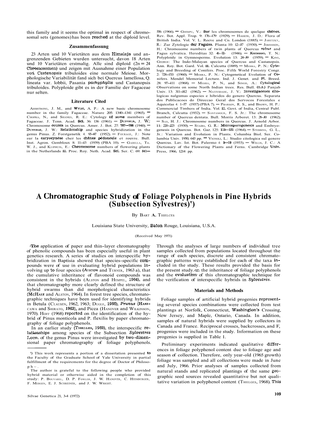 A Chromatographic Study of Foliage Polyphenols in Pine Hybrids (Subsection Sylvestres)')