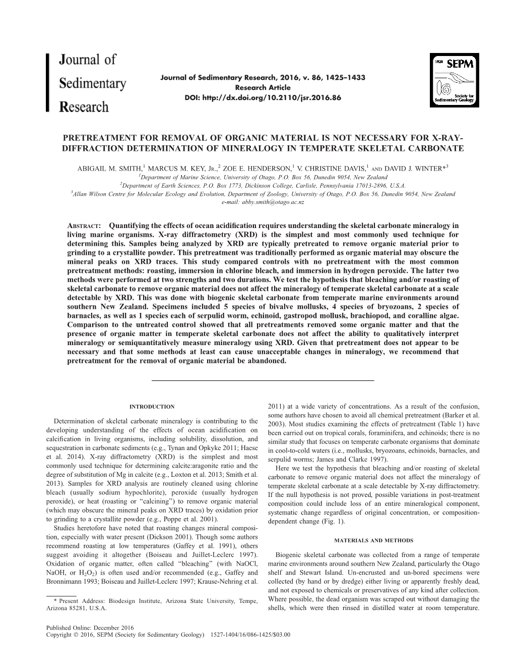 Pretreatment for Removal of Organic Material Is Not Necessary for X-Ray- Diffraction Determination of Mineralogy in Temperate Skeletal Carbonate