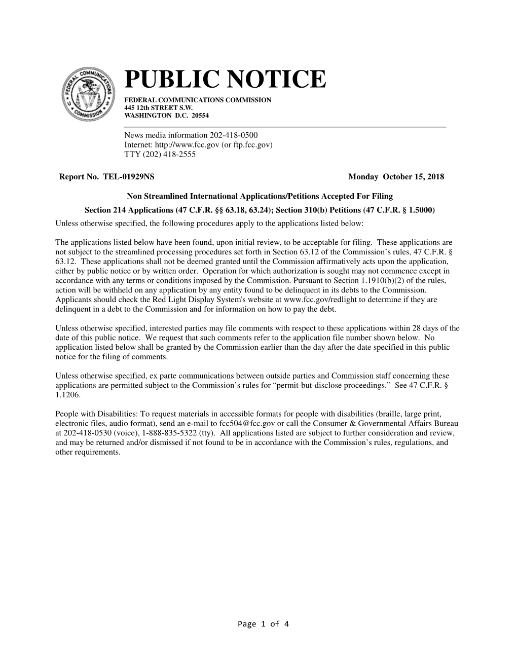 PUBLIC NOTICE FEDERAL COMMUNICATIONS COMMISSION 445 12Th STREET S.W