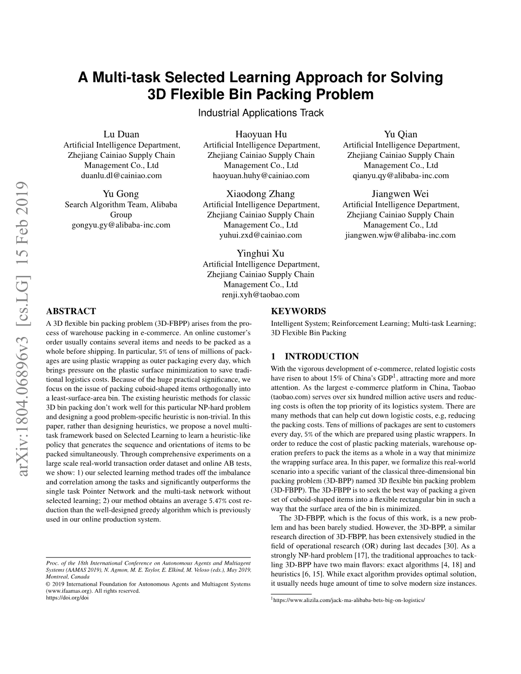 A Multi-Task Selected Learning Approach for Solving 3D Flexible Bin Packing Problem Industrial Applications Track
